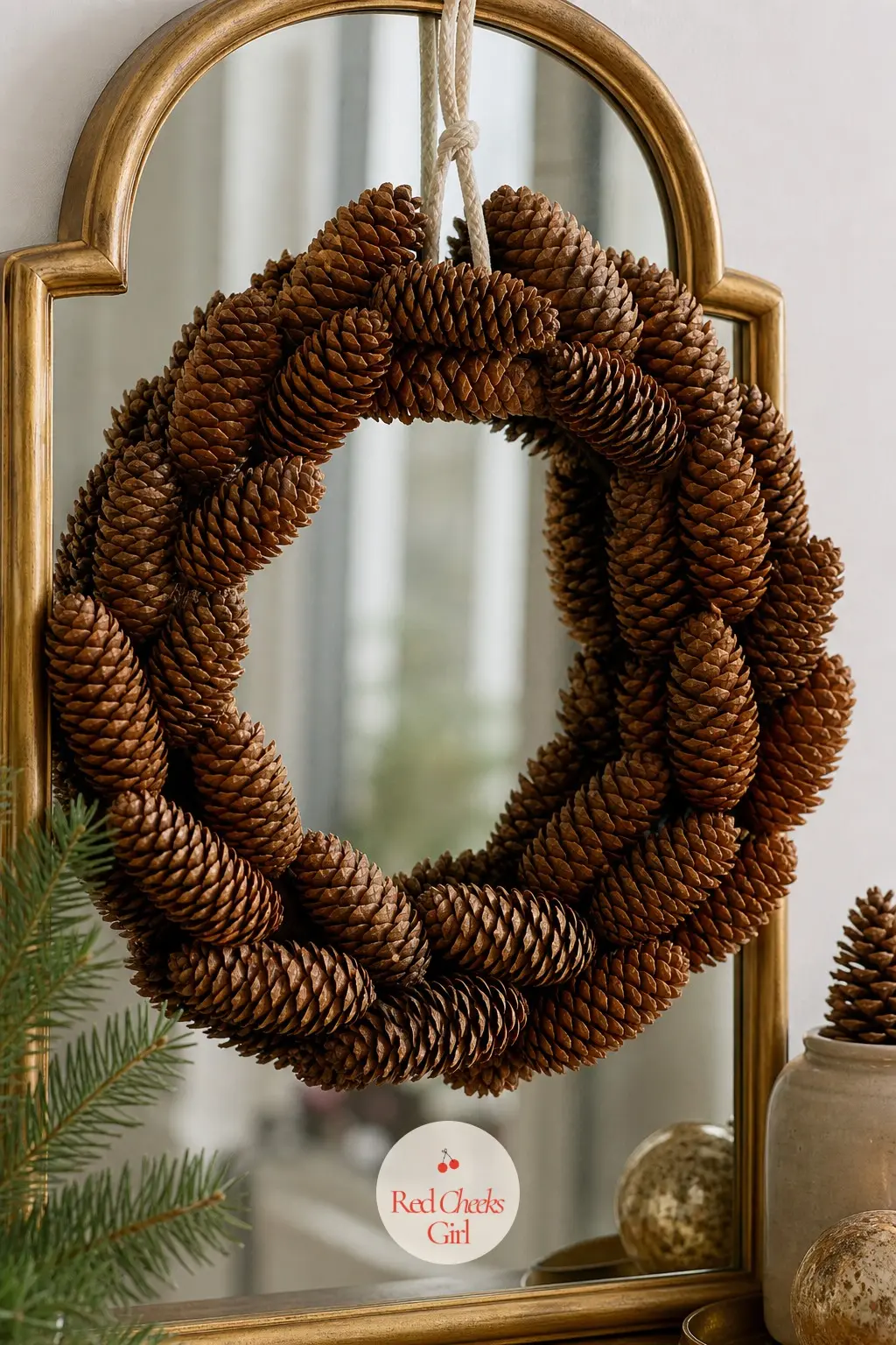 A Longleaf Pinecone Wreath for the Entry Console Mirror — Longleaf pinecones are longer and more open than the usual craft-store cone, so a wreath made from