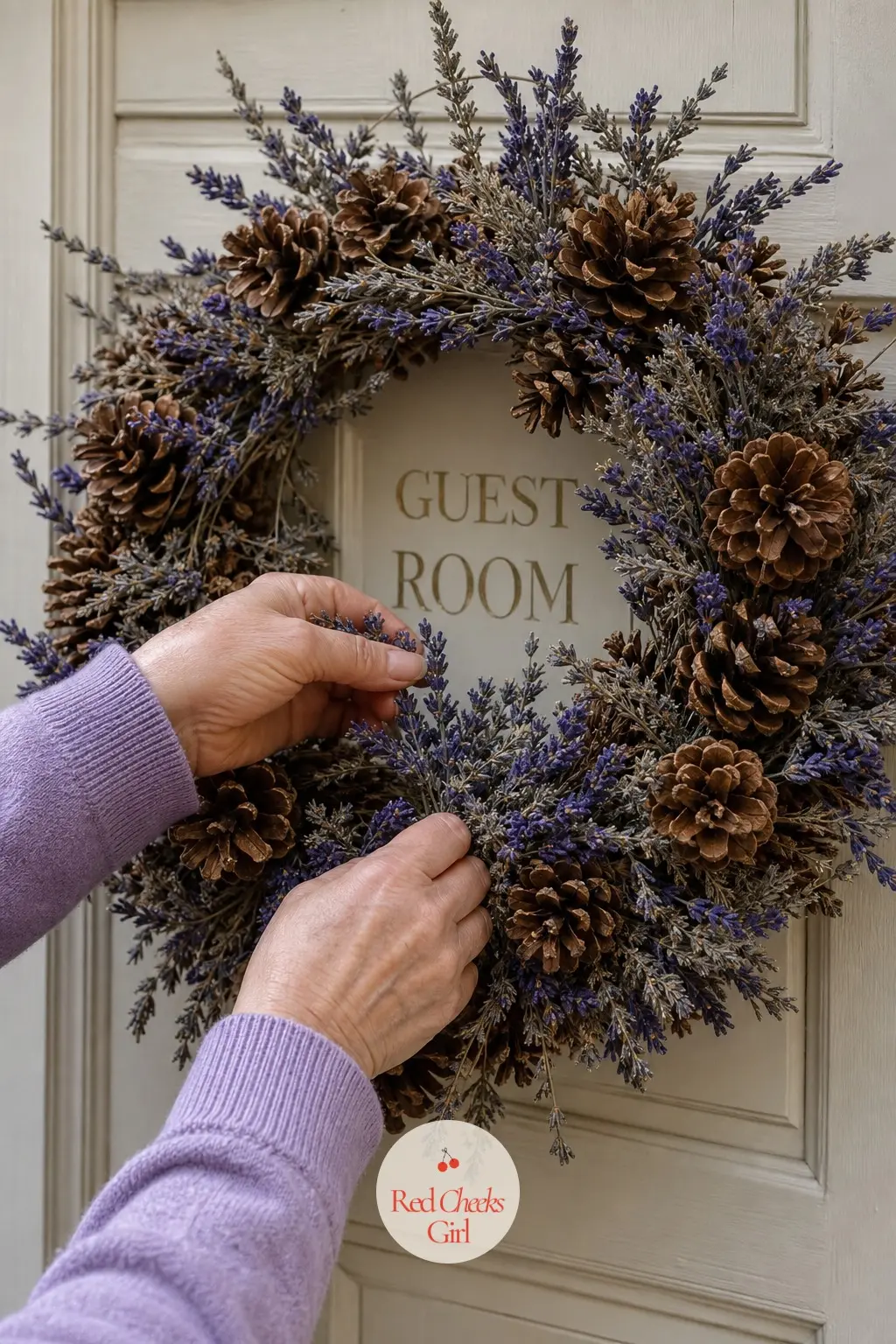 A Pinecone and Dried Lavender Wreath for the Guest Room Door — Small bundles of dried lavender, tied off with a bit of thread before they go onto the wreath