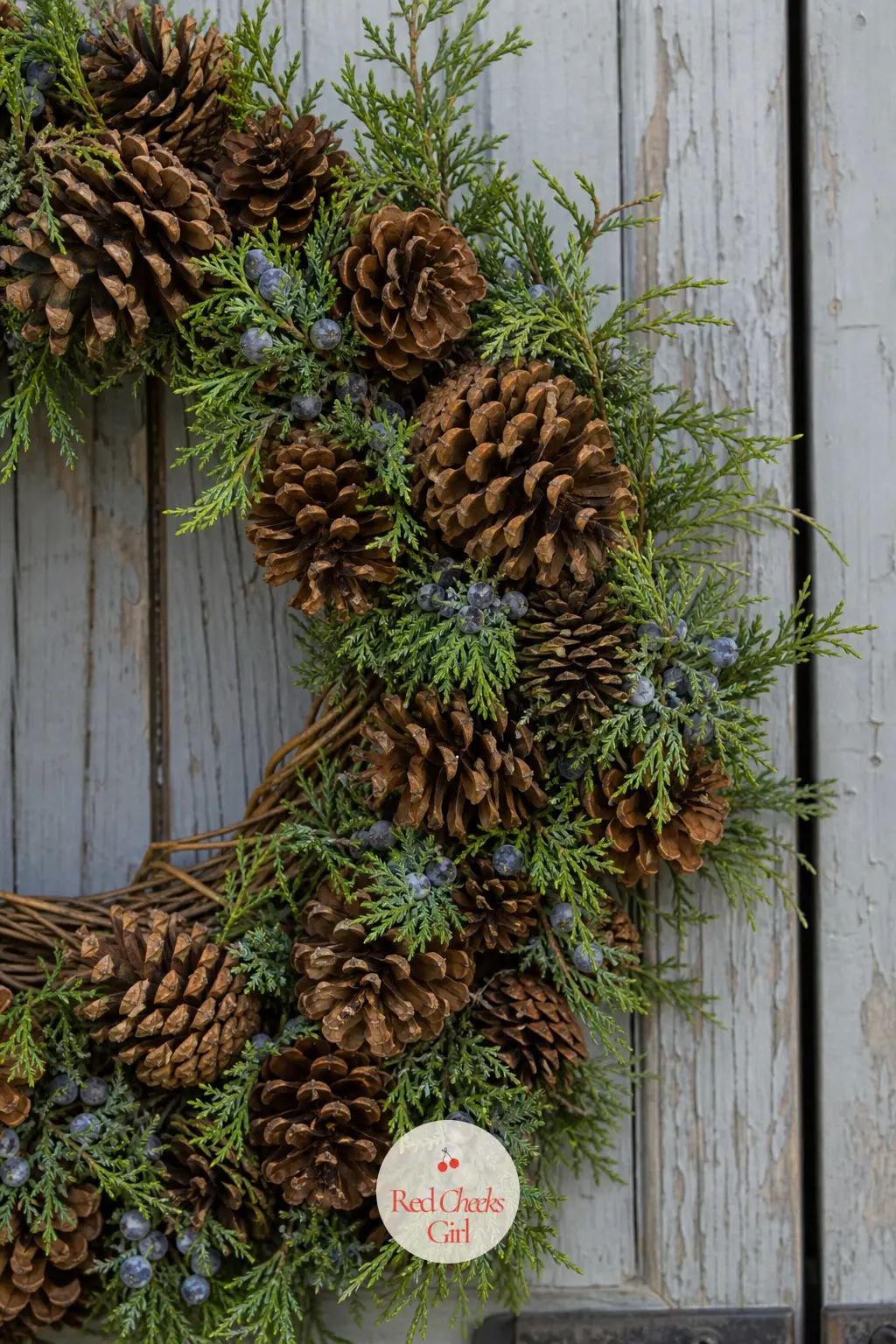 A Pinecone and Juniper Berry Wreath for the Garden Shed Door — Fresh juniper sprigs tucked between the pinecones add both colour and a faint scent that a