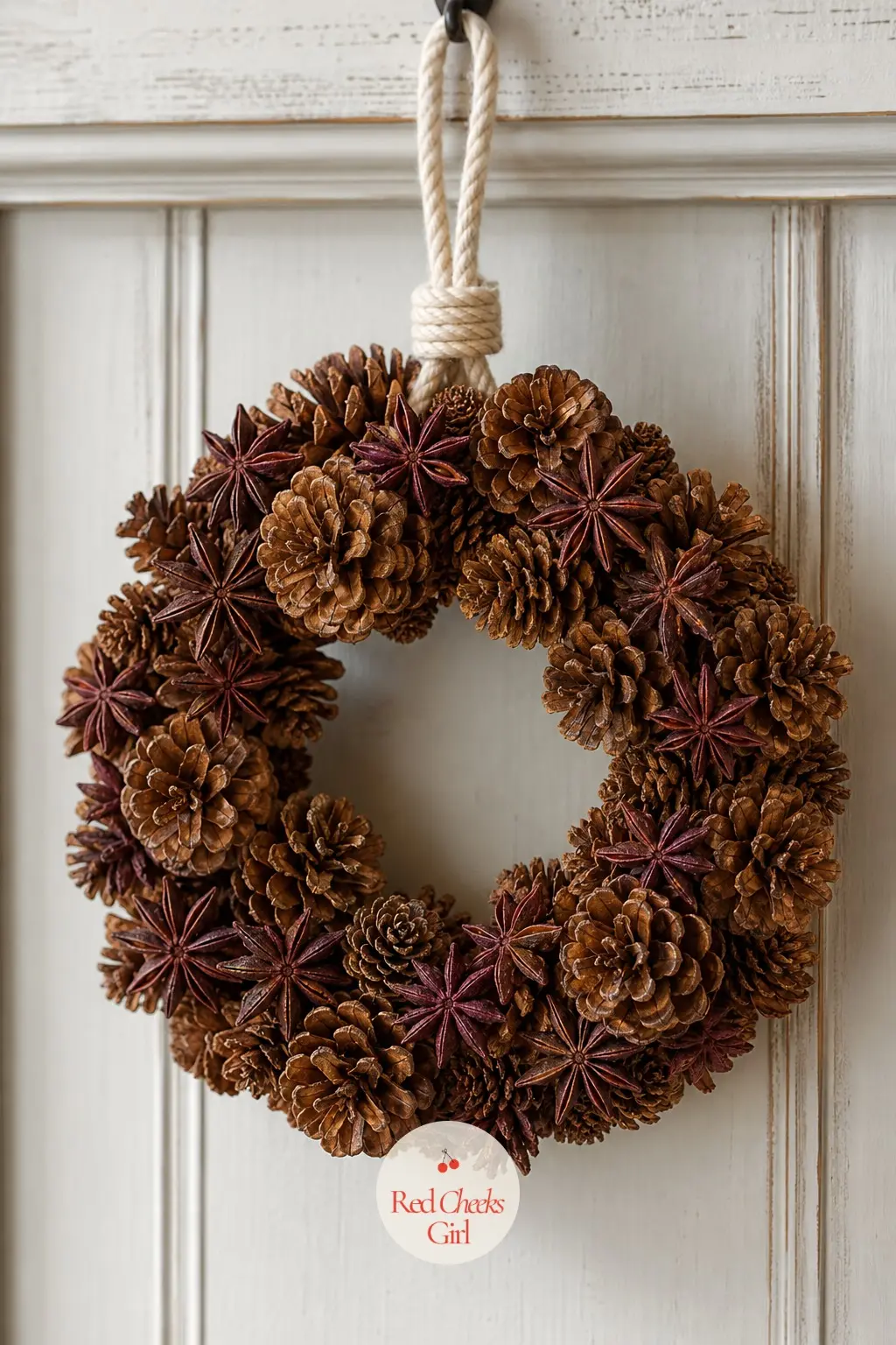 A Pinecone and Star Anise Wreath for the Laundry Room Door — Whole star anise pods, glued in small clusters between the pinecones, bring a deep burgundy colour