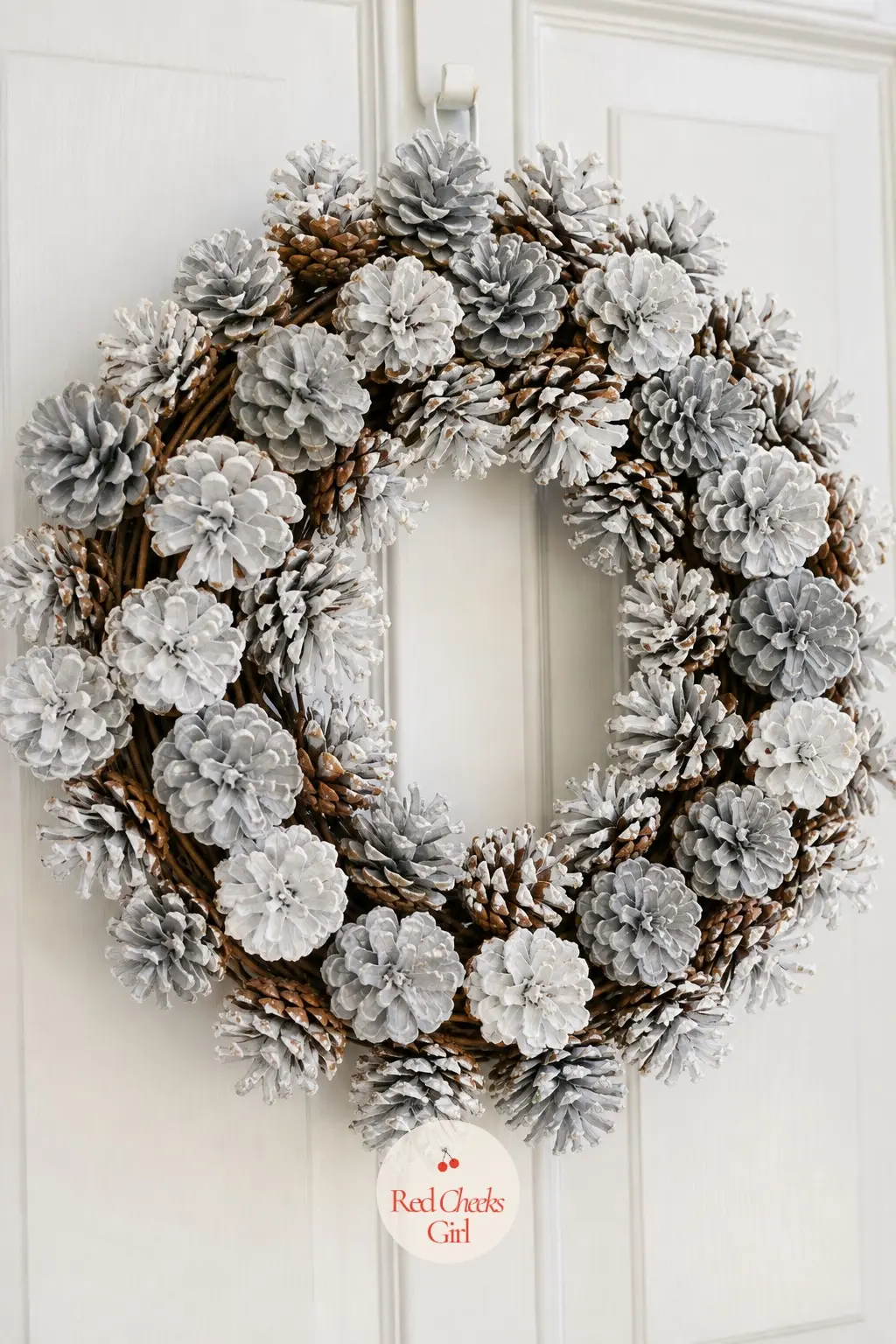 A Snow-Dipped Pinecone Wreath for the Bedroom Door — Here the dip goes further down the cone, so each one fades from solid white at the tip to its natural