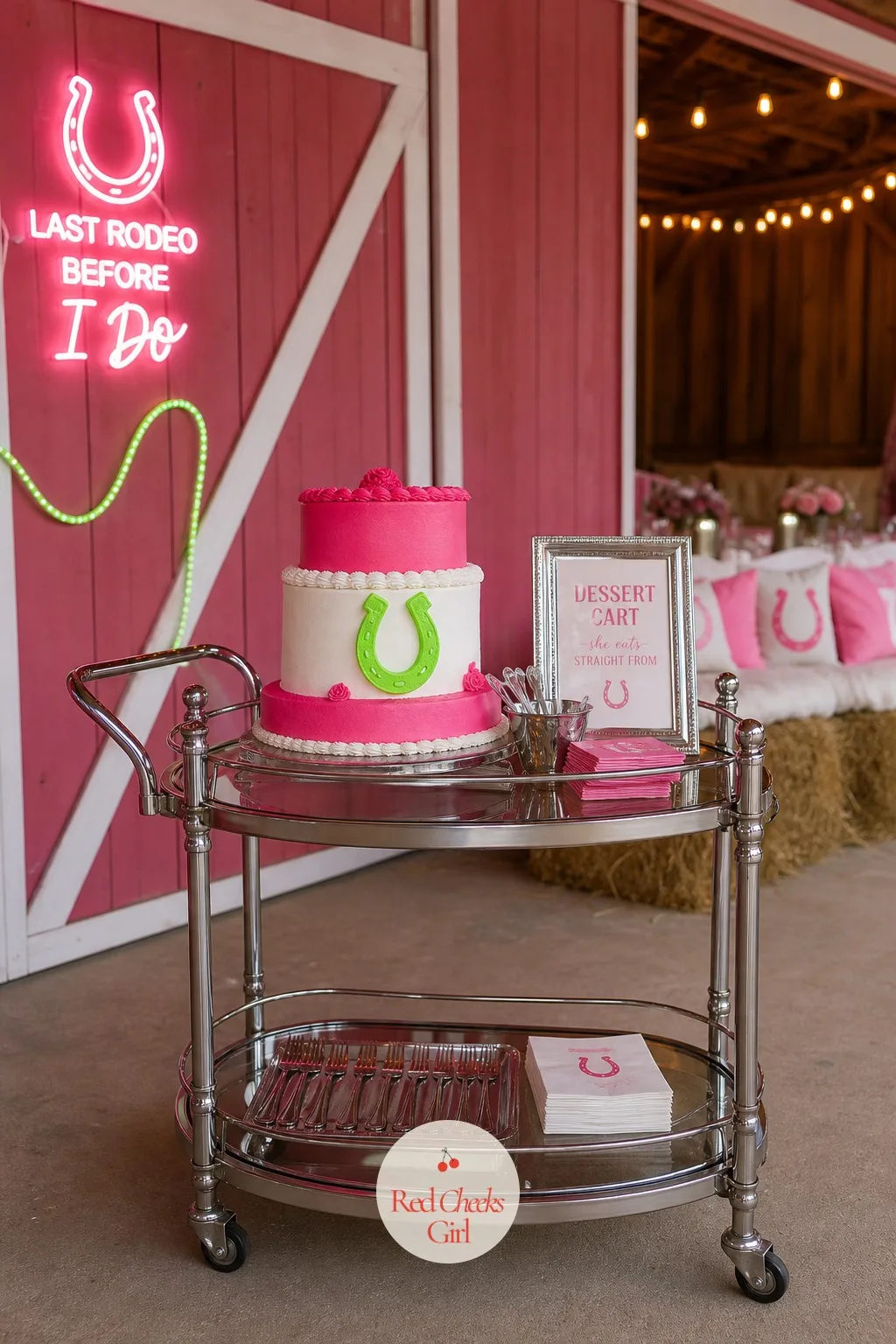 Cake Cart She Eats Straight From — A cake on a stand gets sliced once and photographed, then sits there the rest of the night. Pink bachelorette party