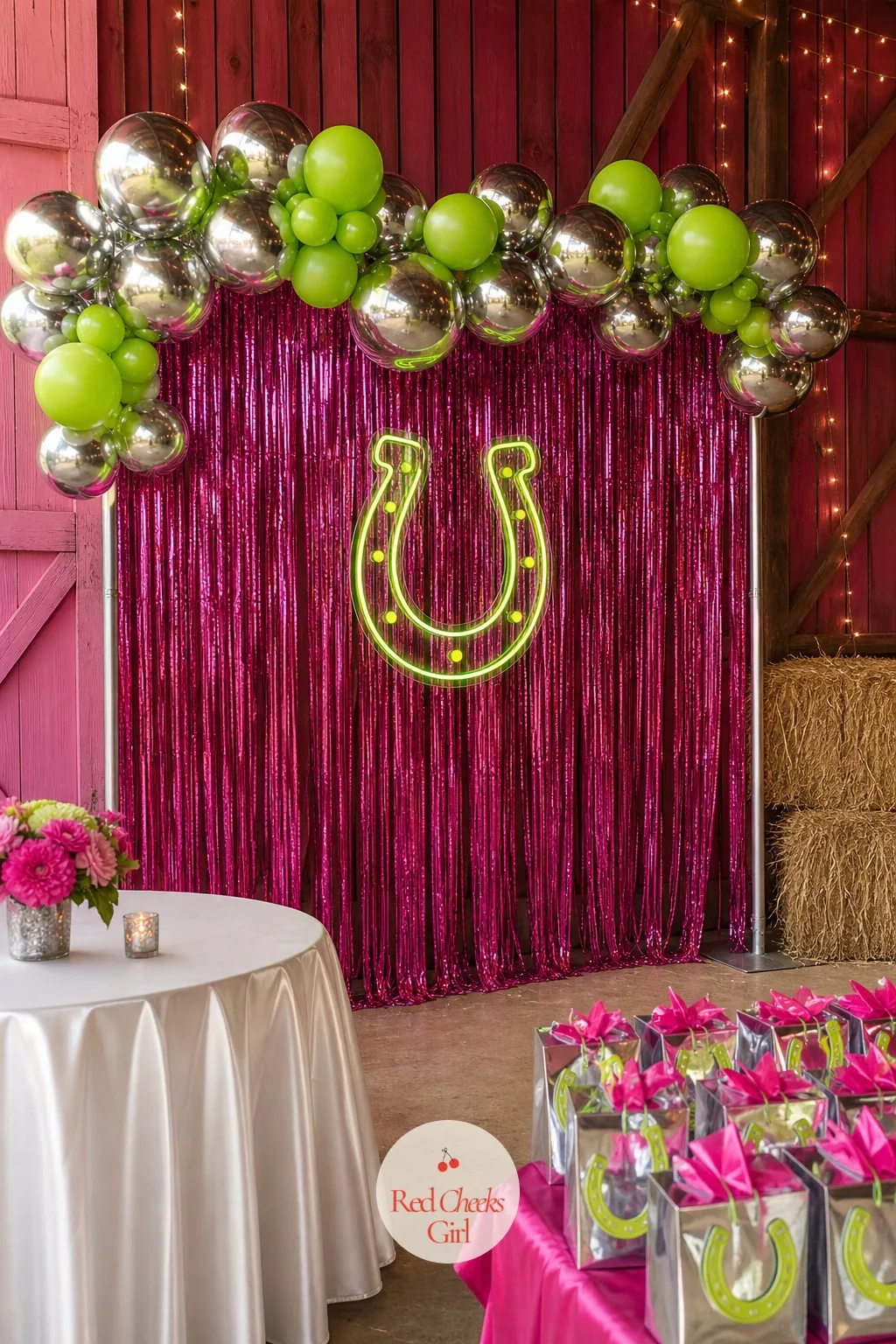 Fringe Curtain Photo Corner — Nobody photographs well against a bare wall, and a barn has plenty of those. Pink bachelorette party