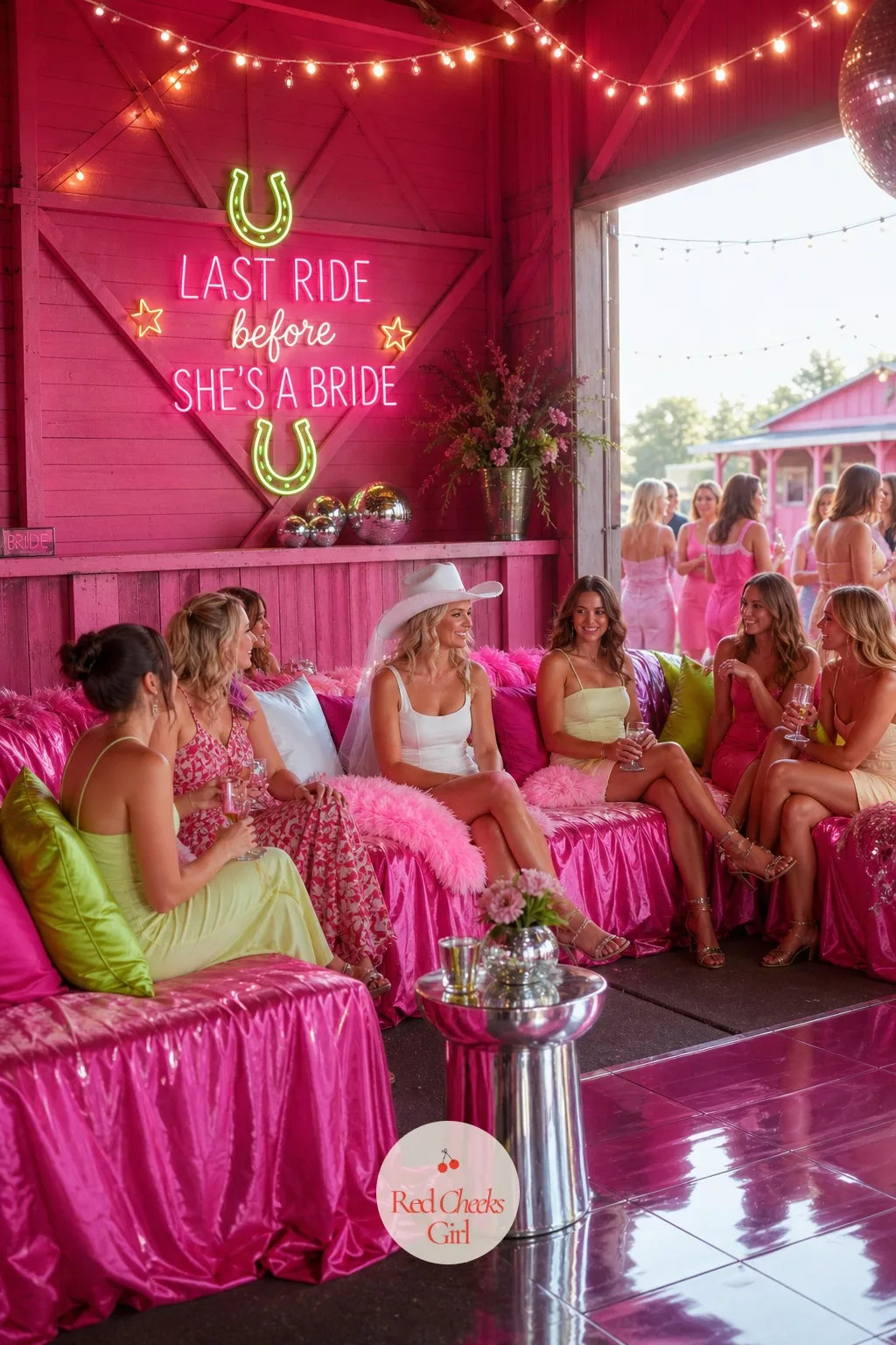 Hay Bale Lounge in Hot Pink Velvet — She will want somewhere to sit that is not a folding chair, and a hay bale left bare does nobody's bare legs any favors.