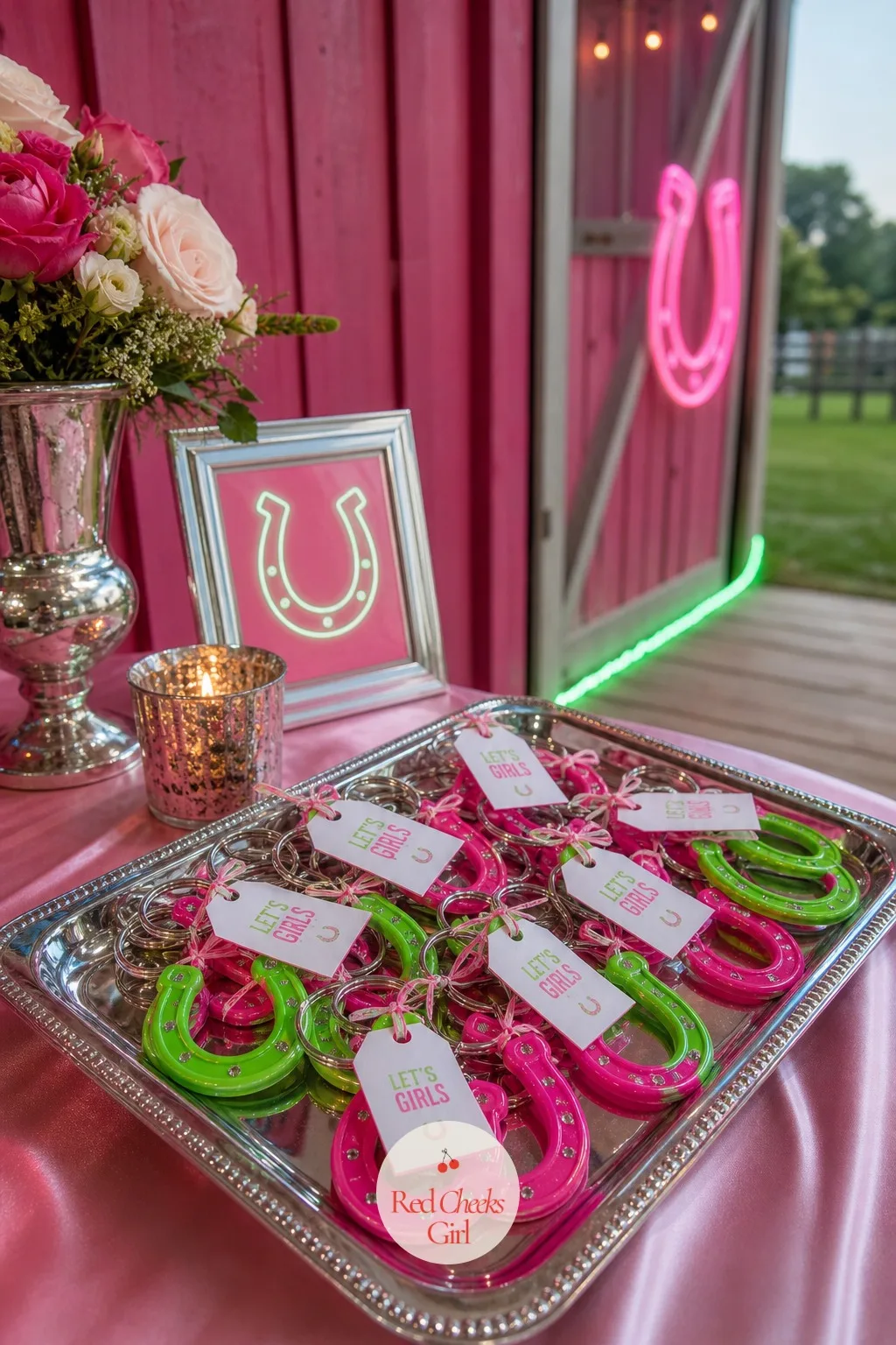 Neon Horseshoe Keychain Favors — A favor that gets left on the table by midnight was never worth making. Pink bachelorette party