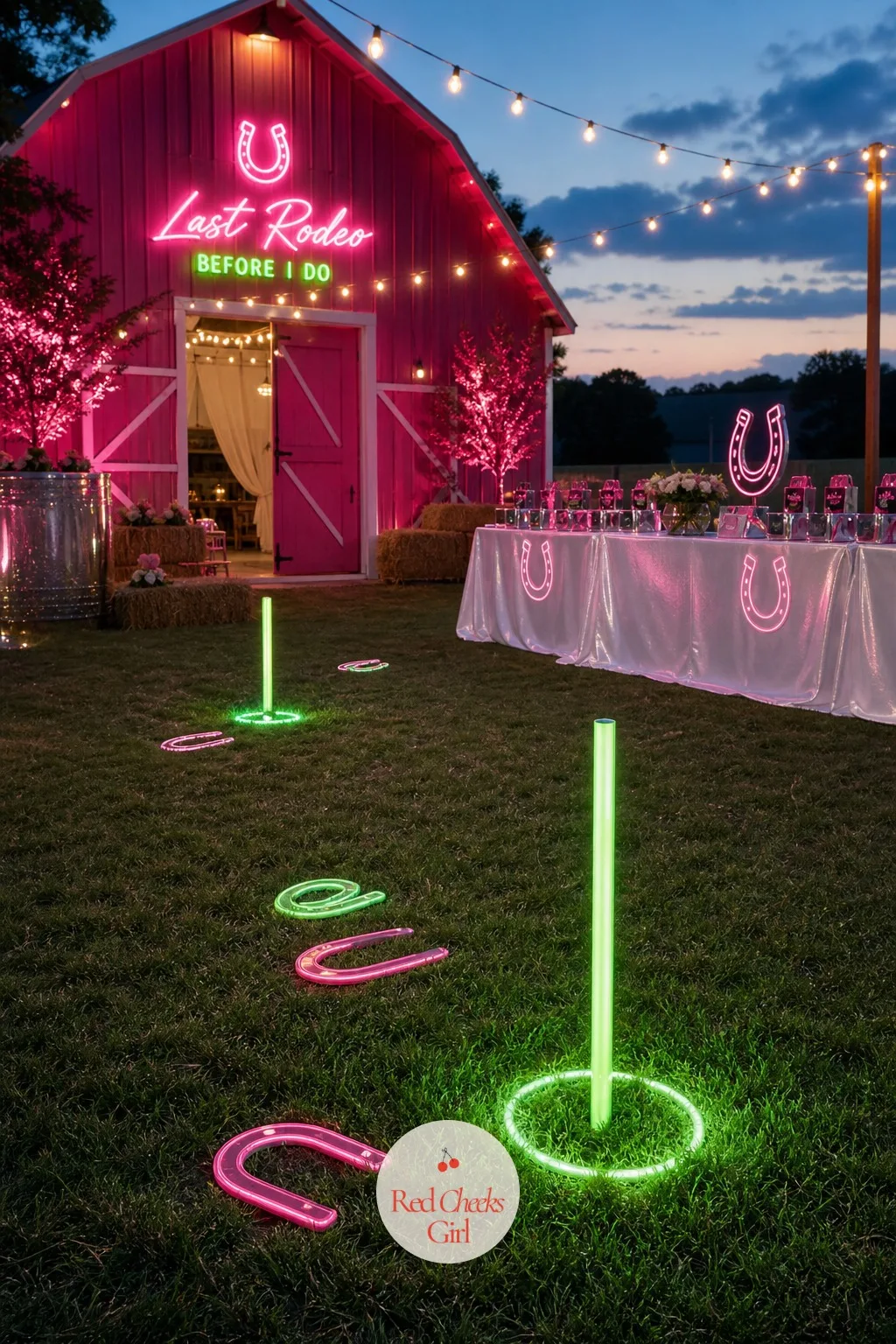 Neon Horseshoe Toss — A regular horseshoe set is grey metal and looks nothing like the rest of the room. Pink bachelorette party