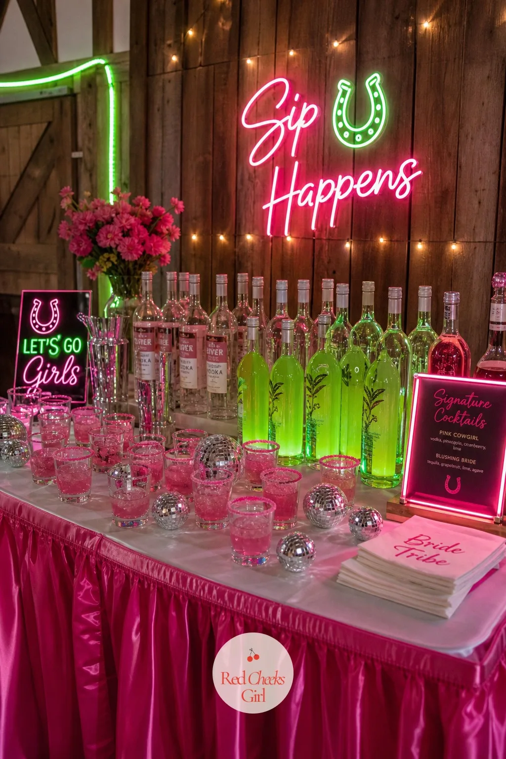 Neon Pink Cocktail Bar — A folding table with mixers lined up in a row does not feel like a bar, it feels like a chore someone forgot to dress. Pink
