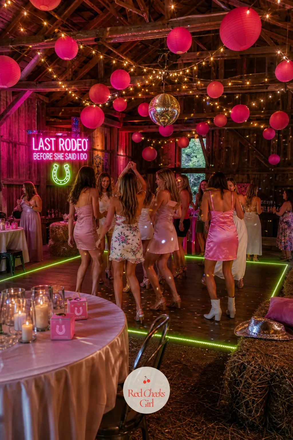 Neon String Light Dance Floor — A dance floor in the middle of a barn can feel like an afterthought, just bare boards under one bulb. Pink bachelorette party