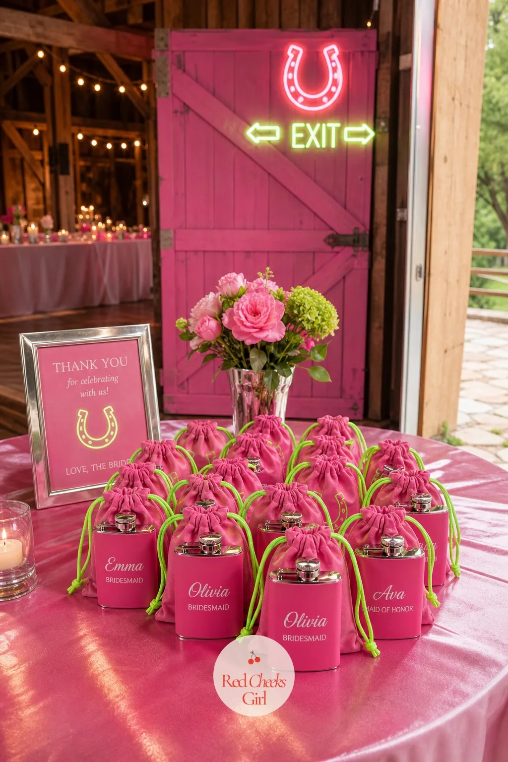 Personalized Pink Flask Favor — A favor she will actually use past the weekend earns its keep long after the hay gets swept up. Pink bachelorette party