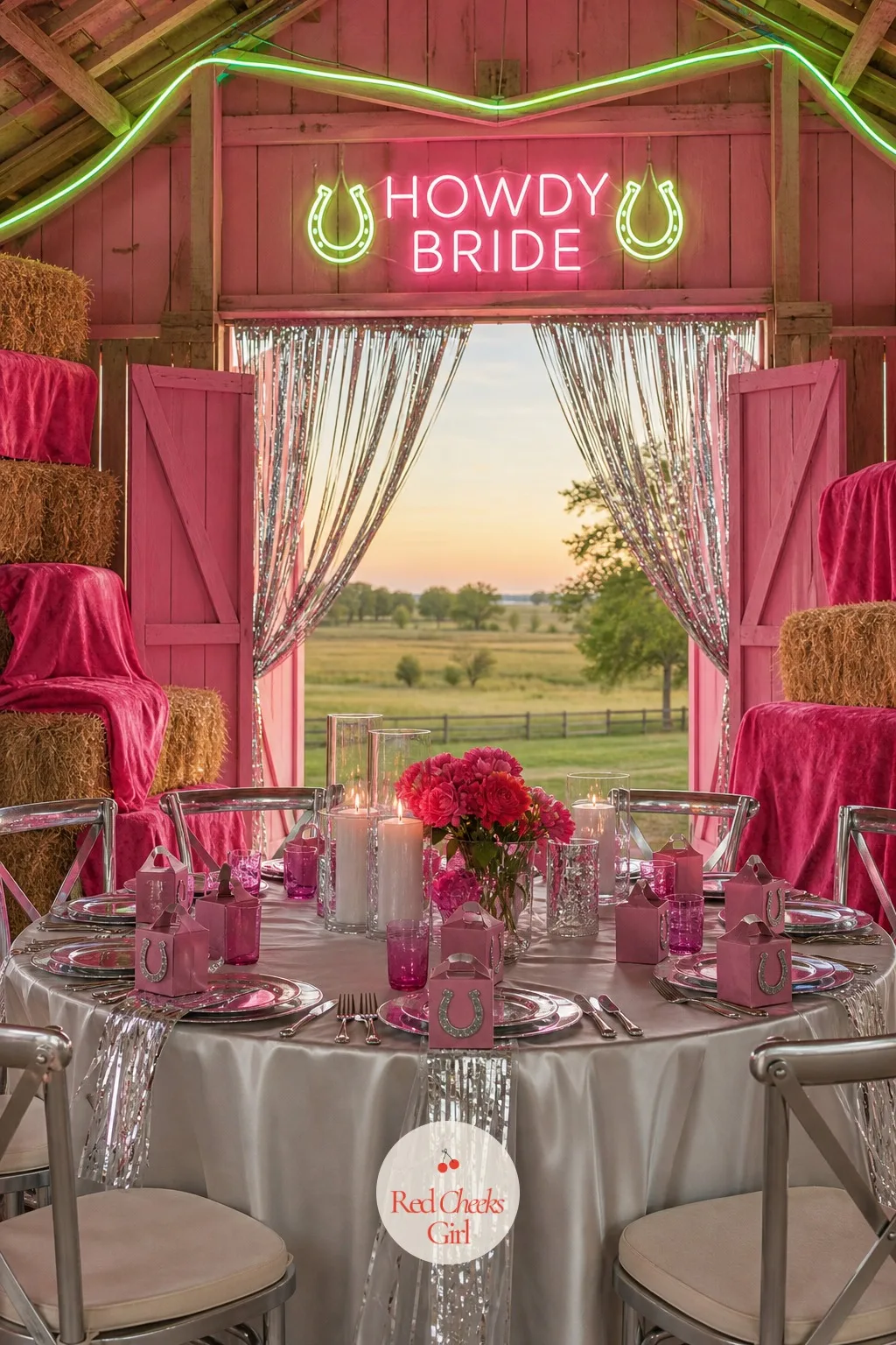 Pink Barn Setup with Neon Signs — A barn says hay and dust until someone paints it a different way. Pink bachelorette party