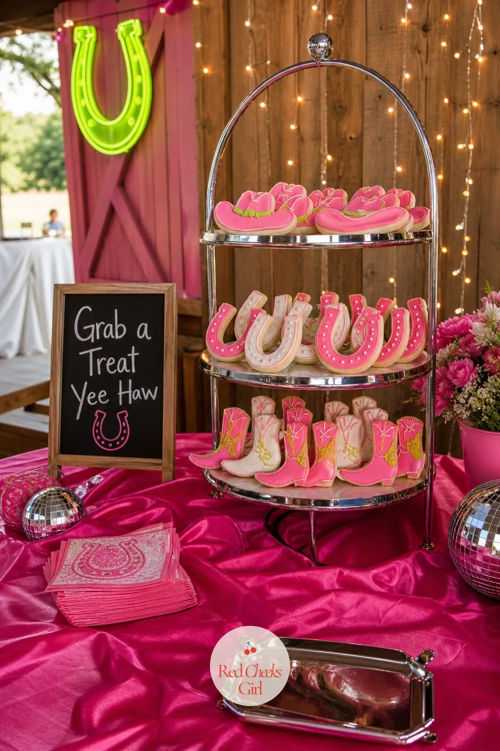 Pink Cowgirl Cookie Table — A dessert table of loose candy looks like a birthday party for a child. Pink bachelorette party