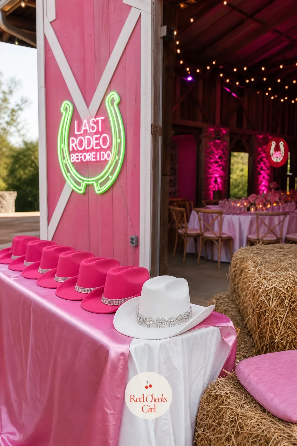 Pink Cowgirl Hats for the Crew — A plain straw hat reads like a costume shop afterthought. Pink bachelorette party