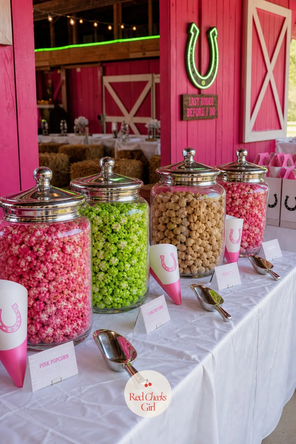 Pink Popcorn and Peanut Bar — A ranch needs one snack that is not sweet, something to eat between cocktails and dancing. Pink bachelorette party