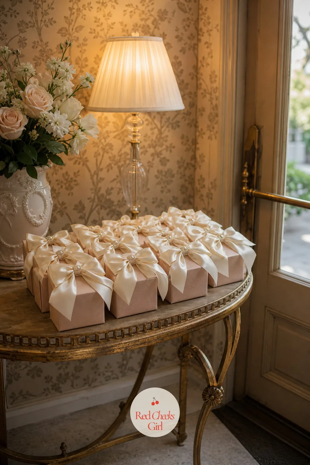 The Bow Favor Boxes — Near the door, a small table of wrapped boxes gives guests something to carry home that looks as considered as everything else at the