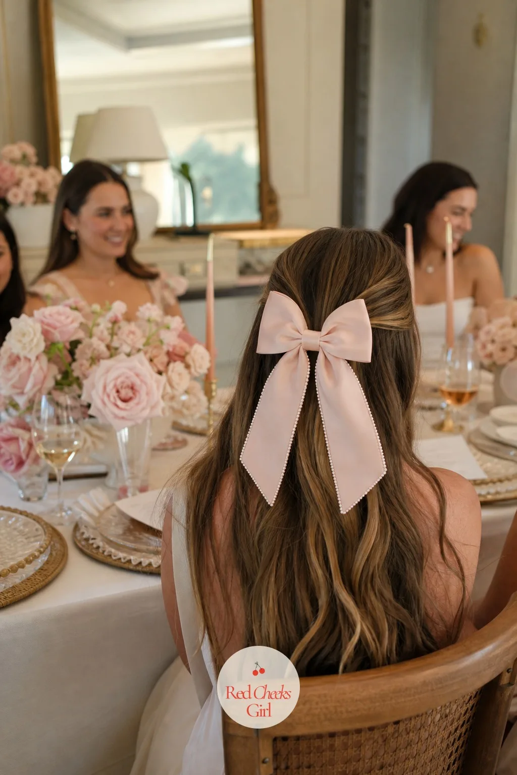 The Bow Hair Clip Station — A small table near the entrance where every guest picks a bow clip and pins it in before mingling does two jobs at once: it is an