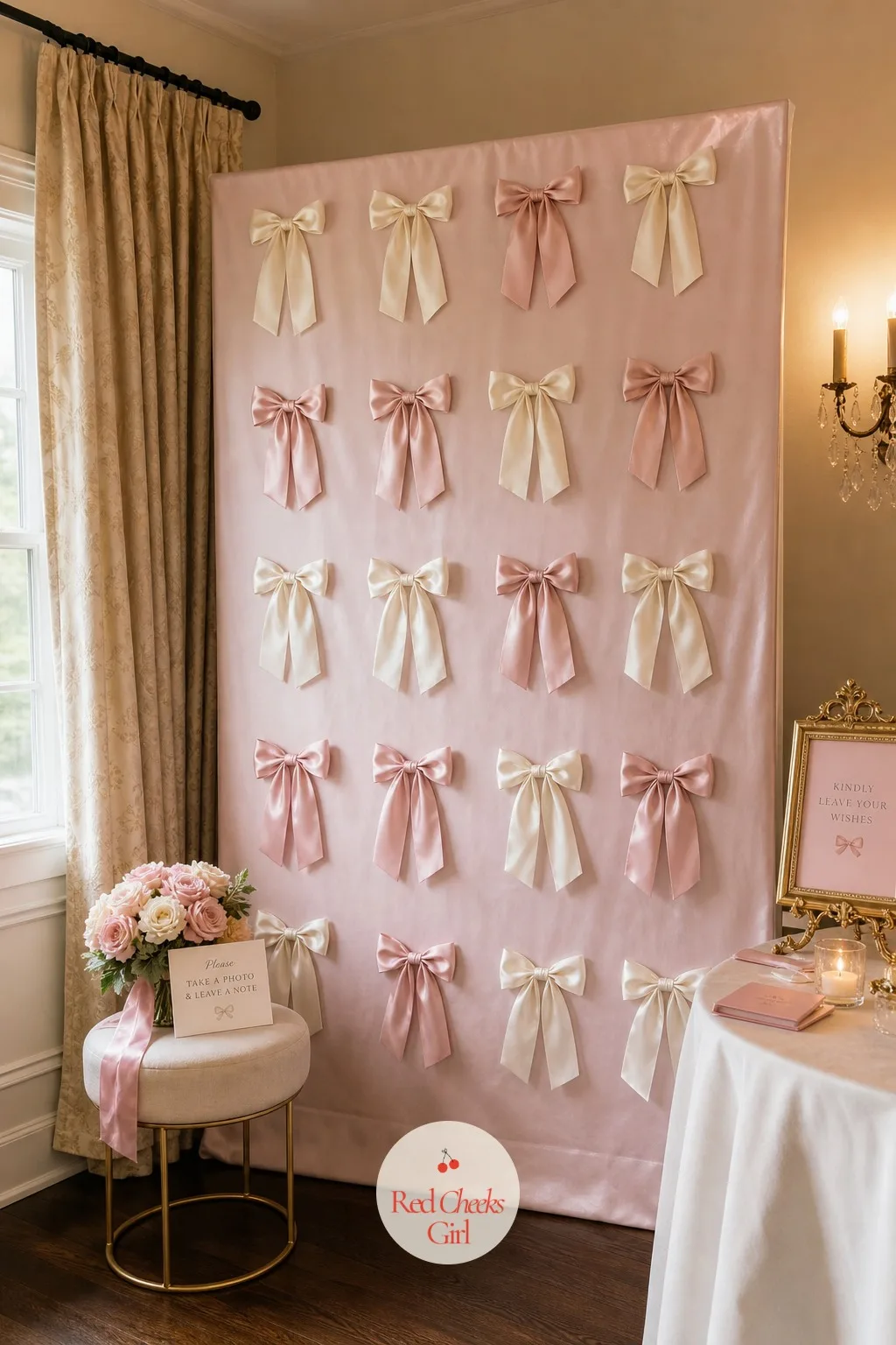 A Bow Photo Wall for Pictures — Not every living room can fit a proper flower wall, and this theme does not need one. Pink bow bridal shower theme