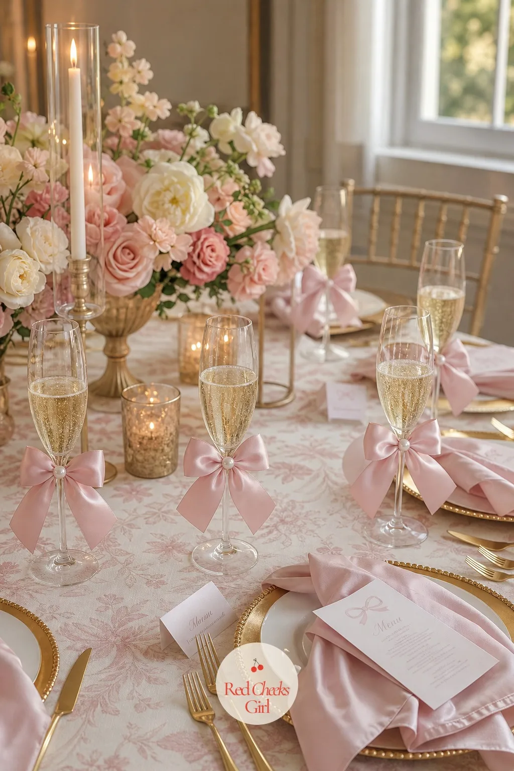 Bow-Stemmed Champagne Glasses at Every Place — A glass at each place is already pretty; a tiny bow at the stem with a single pearl at the knot makes it
