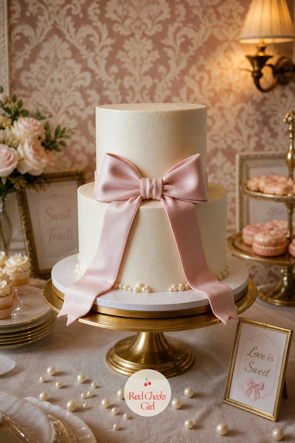 The Bow-Wrapped Cake — The cake is the one thing every guest photographs, so it carries the bow motif at its largest and most literal: a fondant or ribbon bow