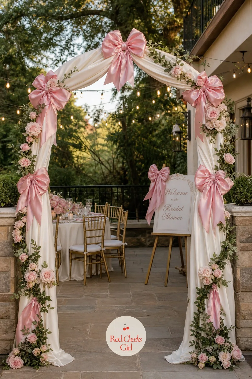An Entry Arch of Ribbon — For a garden or terrace shower, the first moment of the party is walking under something, and a bare arch does not earn that. Pink