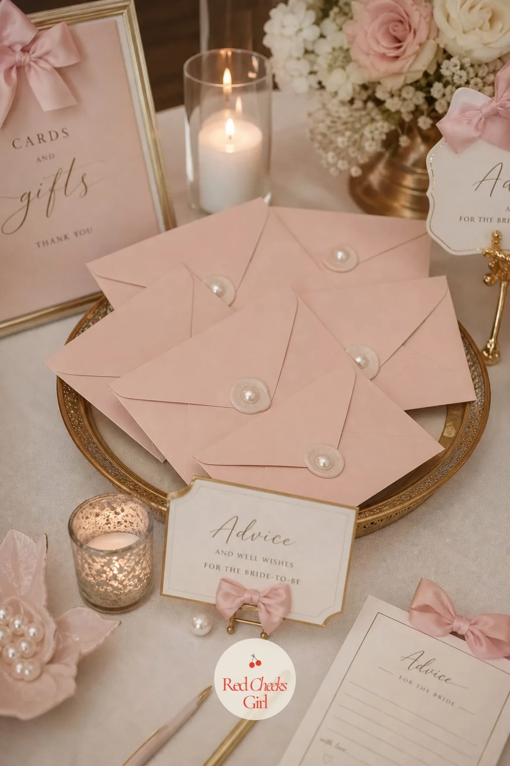 Envelopes With Pearls and Wax Seals — Any paper that leaves the party in someone's hand, a thank-you note or an advice card, looks finished the moment it goes