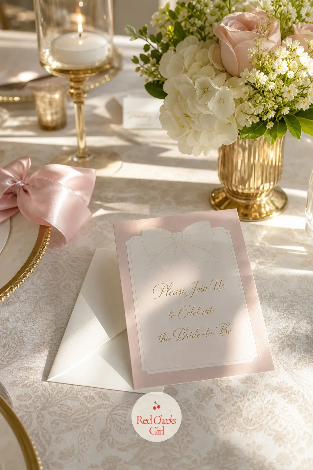 The Invitation — The smallest piece of the whole party, and the first one anyone sees: a blush pink card with a bow printed or foiled at the top, the wording