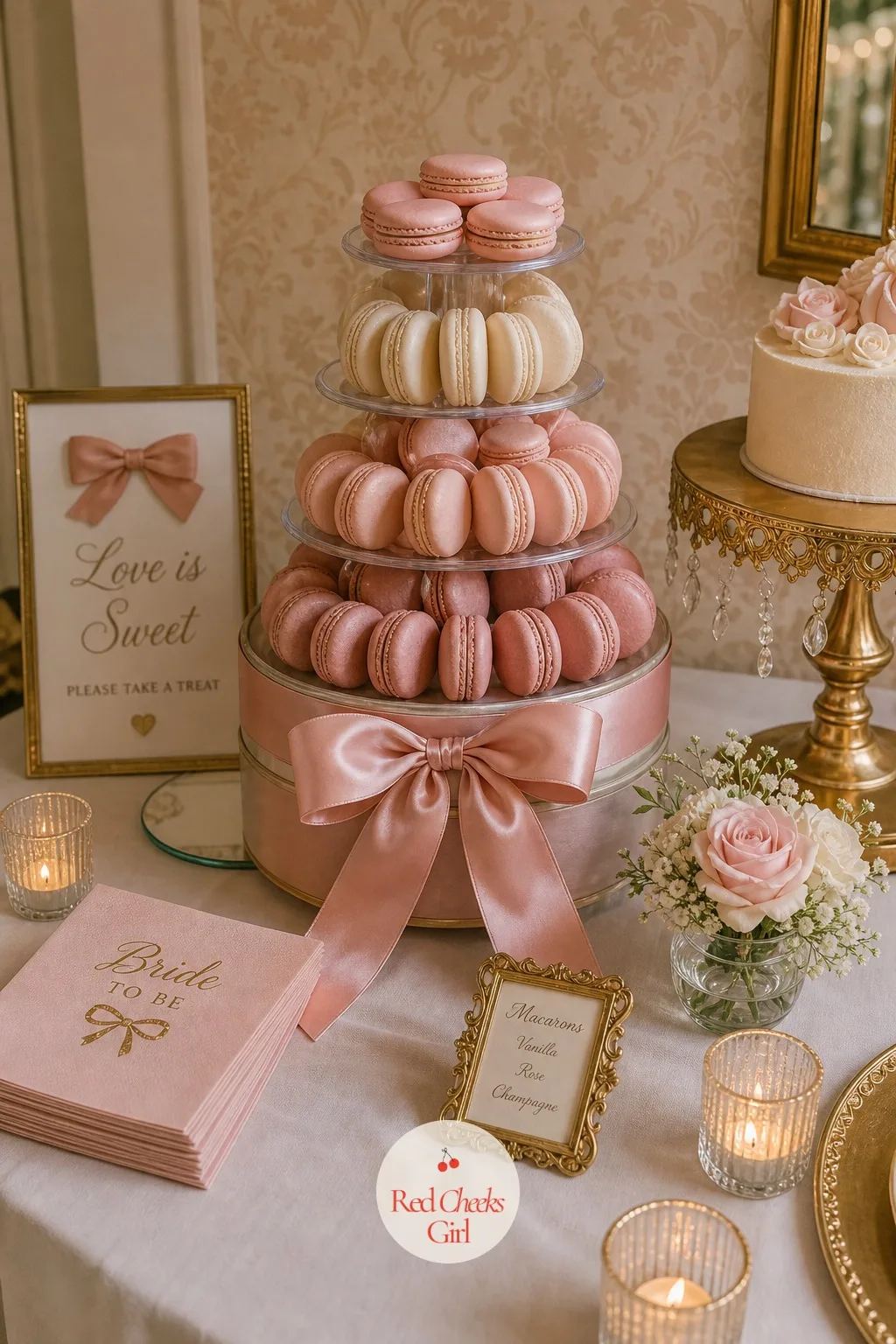 A Macaron Tower Tied in Ribbon — A macaron tower adds height and a softer gradient than cake or cookies alone, stacked palest blush at the top down to the