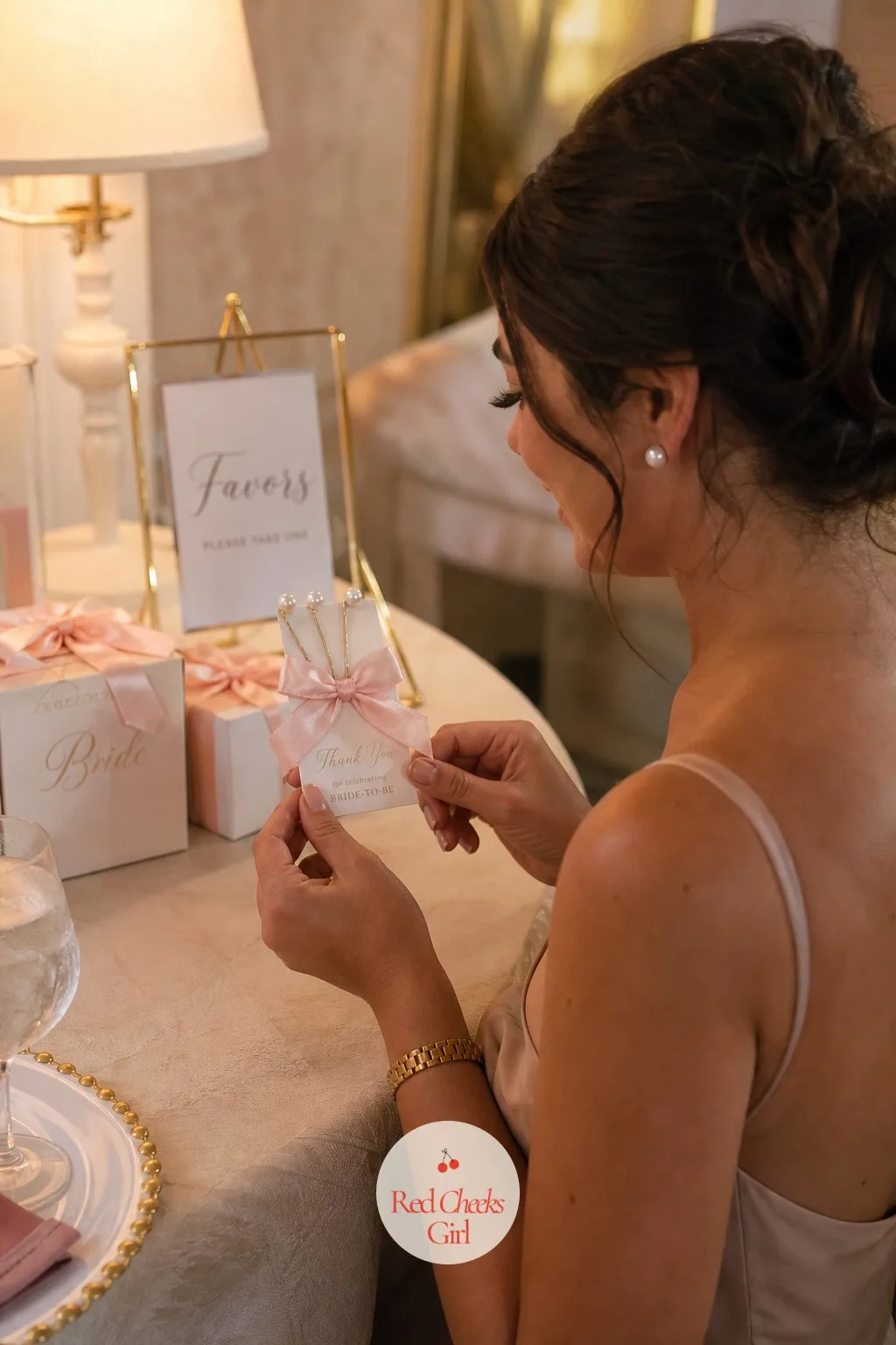 Mini Hair Pin Favors Tied in Ribbon — Alongside or instead of a wrapped box, a small card holding two or three pearl-topped hair pins, tied on with a ribbon