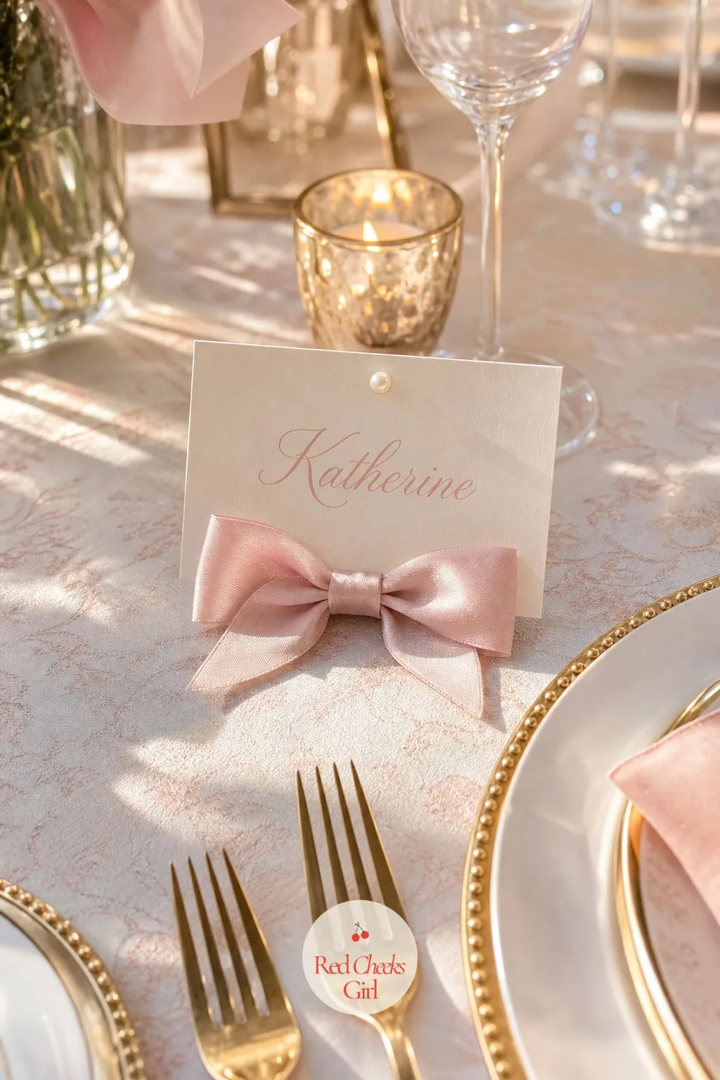 Pearl-Topped Place Cards — A handwritten name at each seat is a small, cheap gesture that makes everyone feel expected. Pink bow bridal shower theme