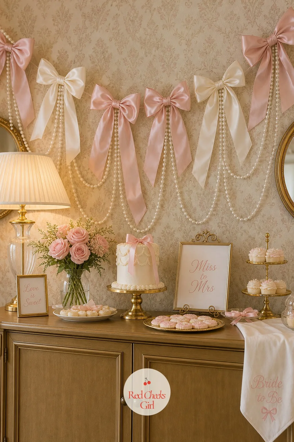 The Pink Bow Garland Backdrop — A bare wall behind the cake table photographs like an afterthought, and this is the fix that gets noticed first. Pink bow