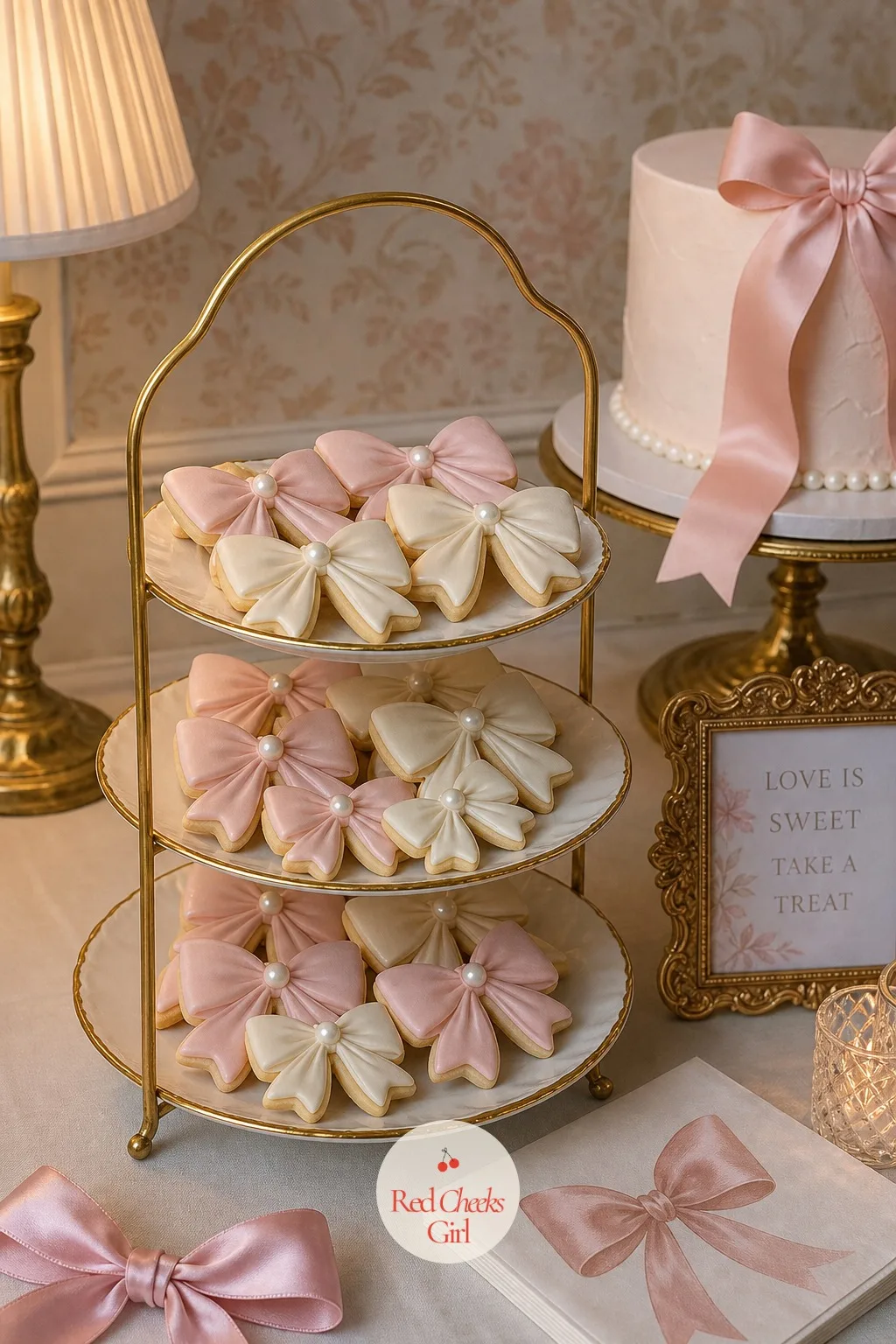 Pink Bow Sugar Cookies — Next to the cake, a tiered stand of bow-shaped sugar cookies gives guests something to take a bite of without cutting into the cake