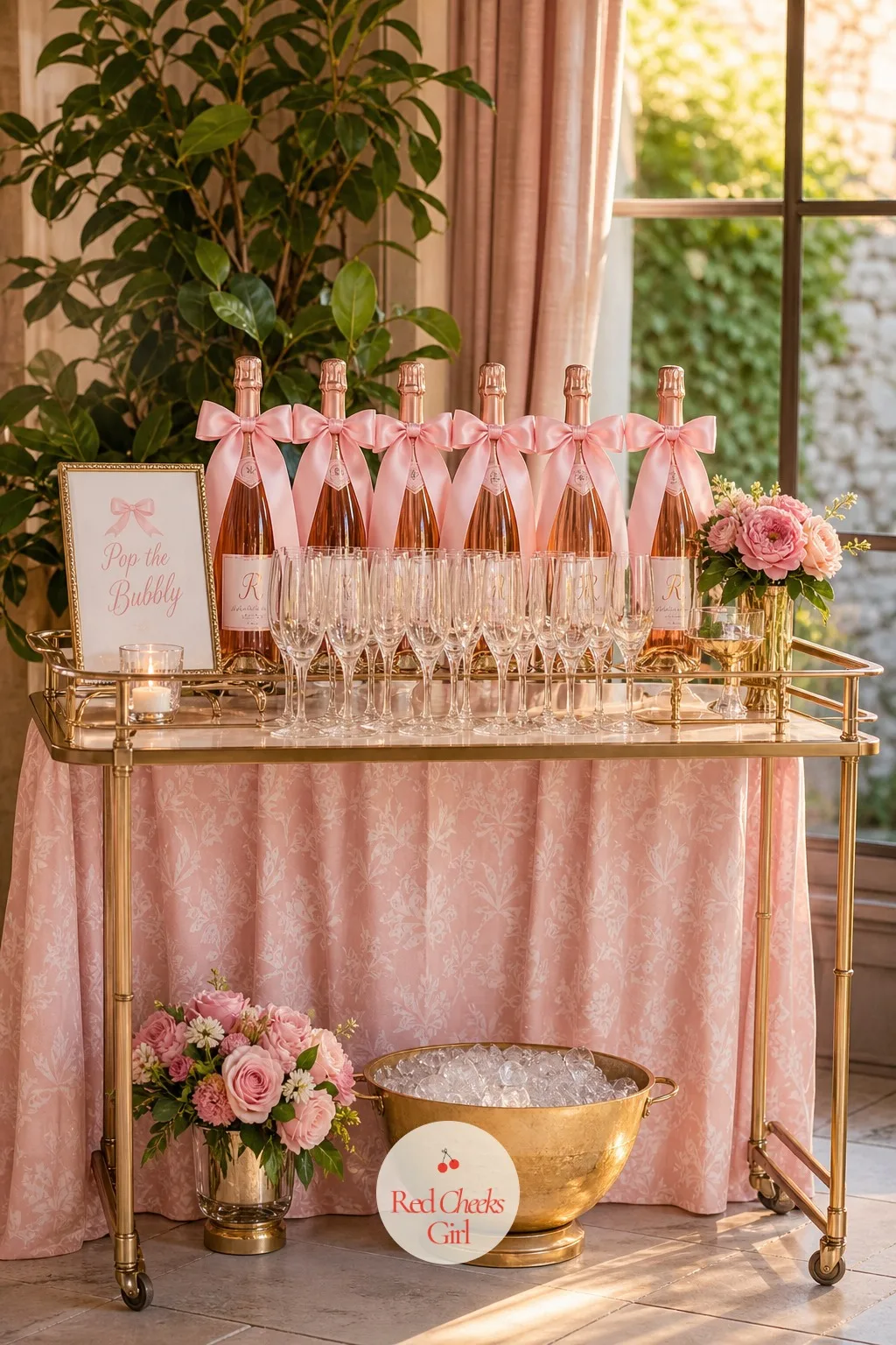 The Pink Champagne Bar — A side table or bar cart set up with bottles of sparkling rosé, each one wearing a satin bow tied at the neck, turns pouring a drink