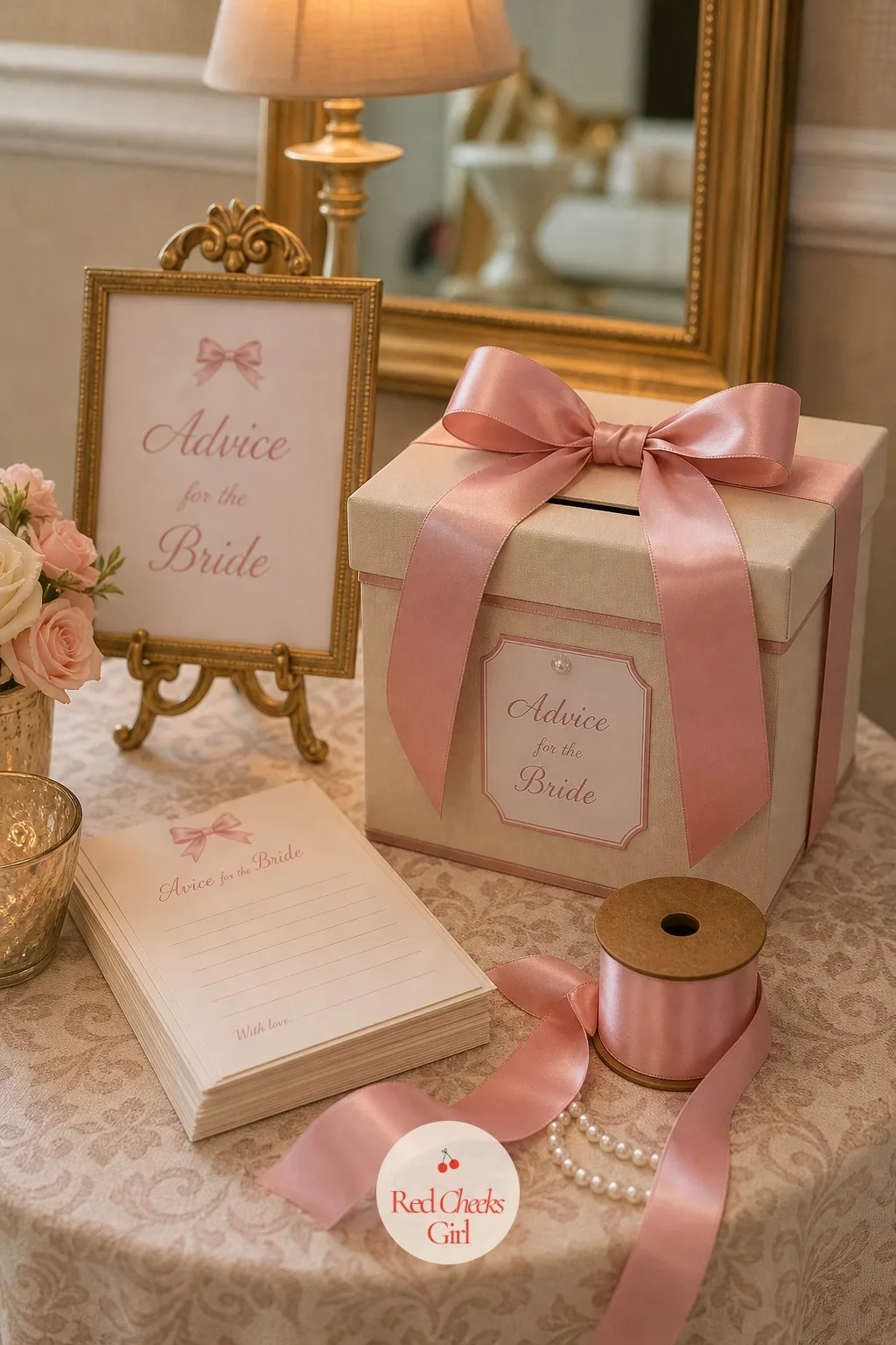 A Ribbon Advice Box for the Bride — Instead of a guessing game, this one leaves her with something to read later: guests write a line of marriage advice on a