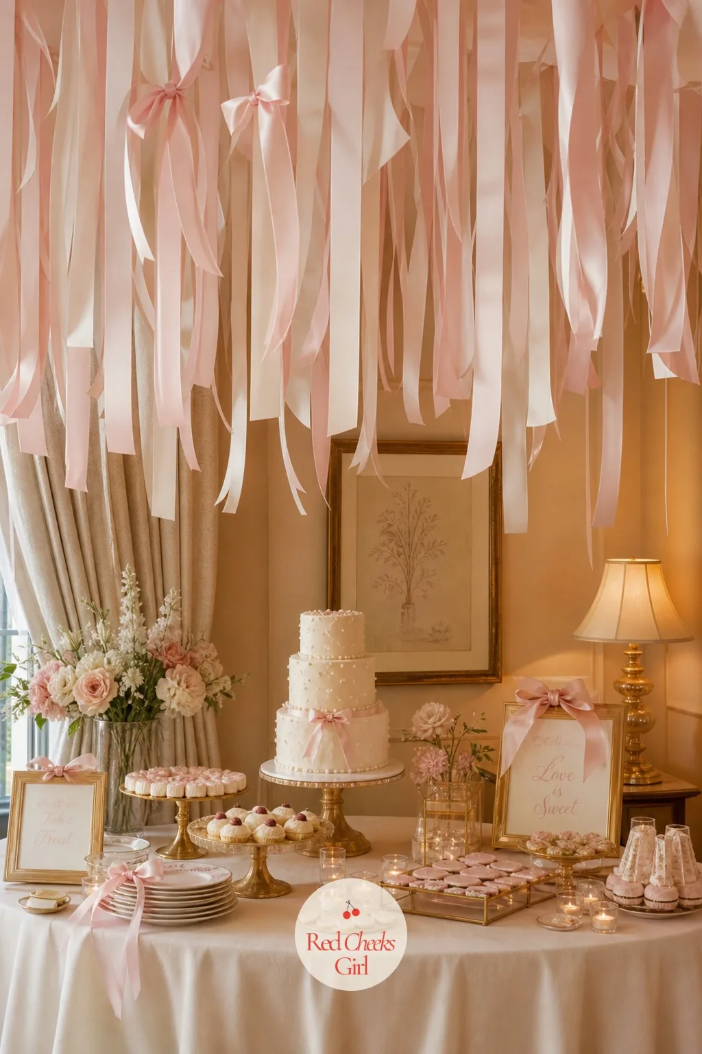 A Ribbon Ceiling Over the Dessert Table — Looking up over the dessert table should feel like part of the decoration, not an empty stretch of ceiling. Pink bow