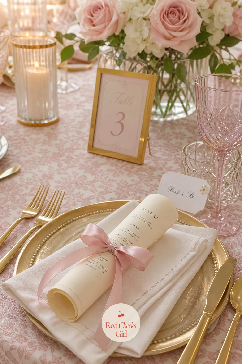 Ribbon-Tied Menus at Each Place — A small card listing the meal or the drink options, rolled into a scroll and tied shut with a thin ribbon, sits at each place