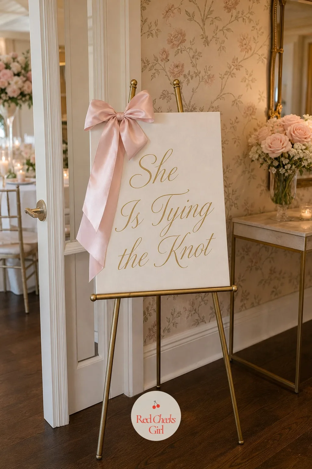 The Welcome Sign on an Easel — The first object a guest reads sets the tone for everything after it, so skip the plain printer paper. Pink bow bridal shower