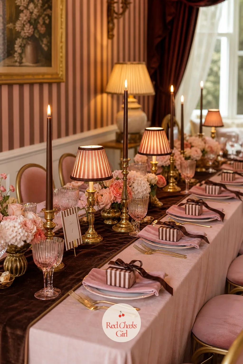 Blush Tablecloths Laid Under A Chocolate Velvet Runner — Every long table wears the same two fabrics, blush underneath and a strip of chocolate velvet laid