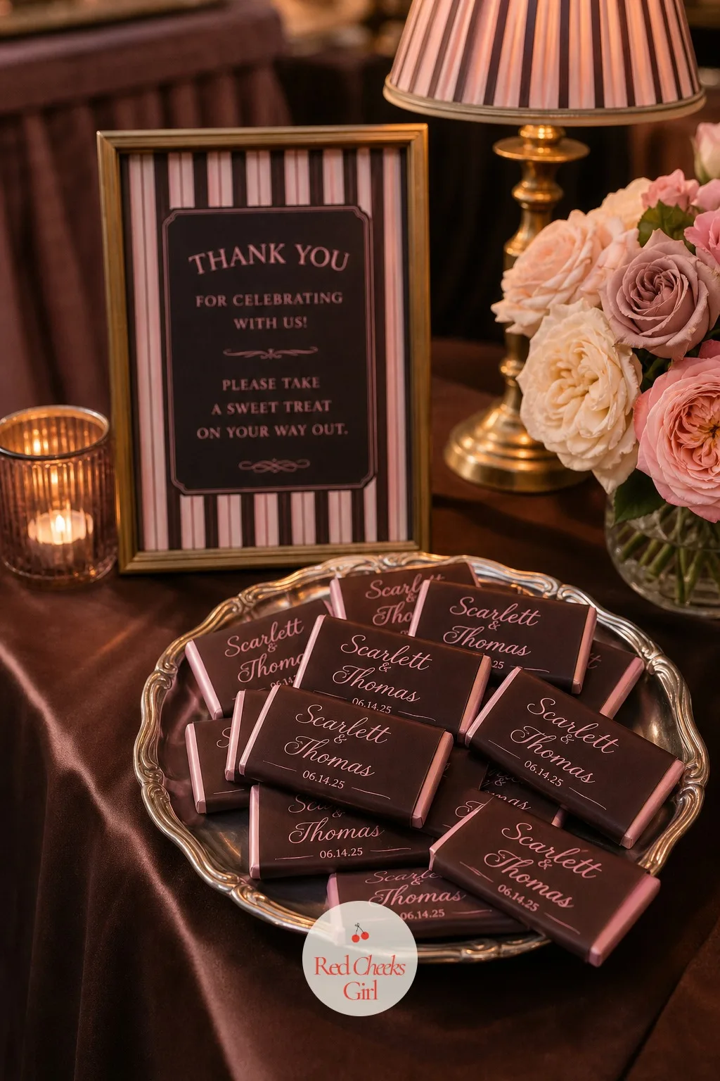 Chocolate Bar Favors In A Custom Wrapper — By the door, one small chocolate bar waits in a wrapper printed to match the rest of the stationery, chocolate brown