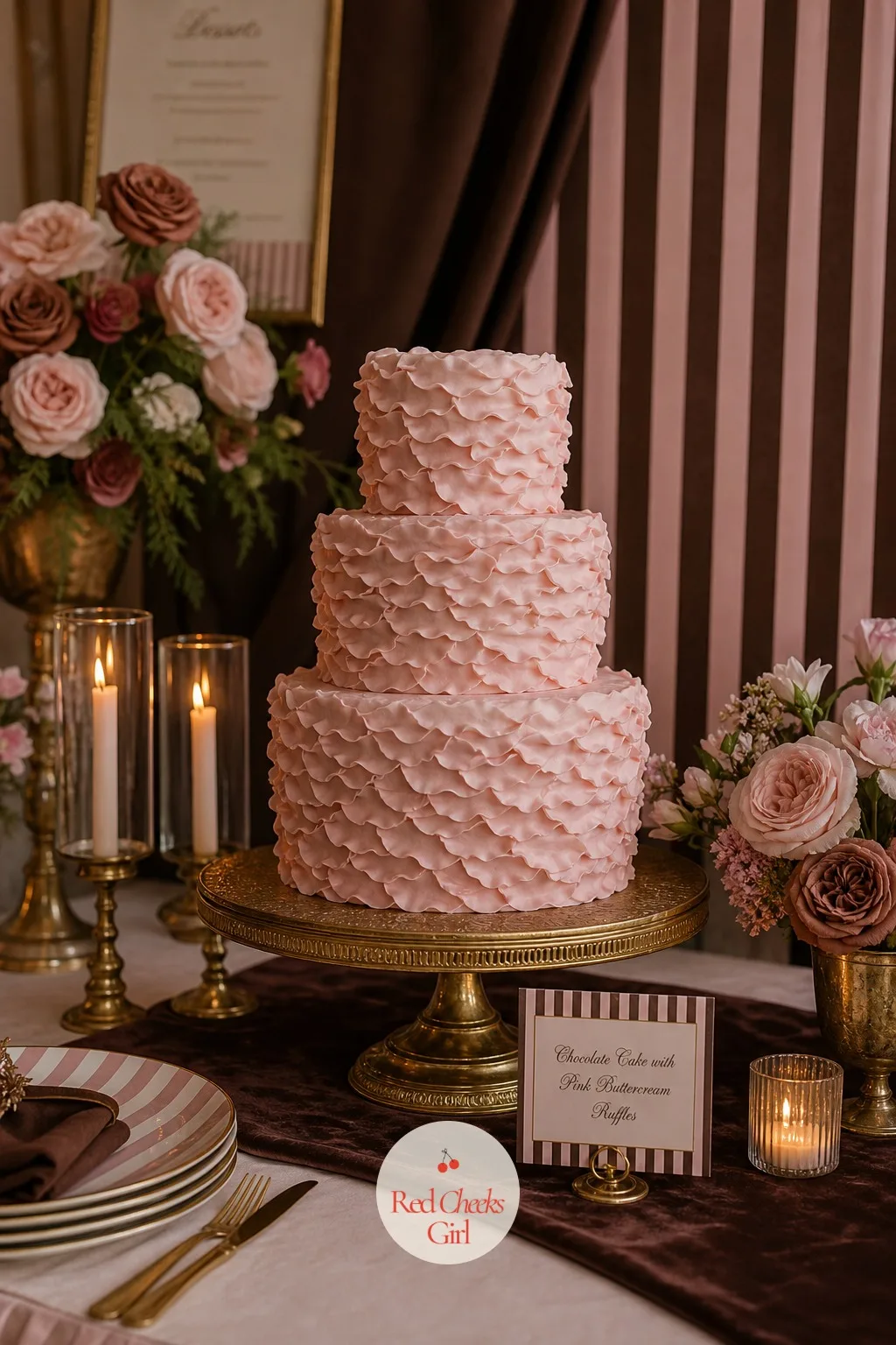 A Chocolate Cake Covered In Pink Buttercream Ruffles — Standing as the centre of the dessert table, the cake is the clearest statement of the palette: a dark