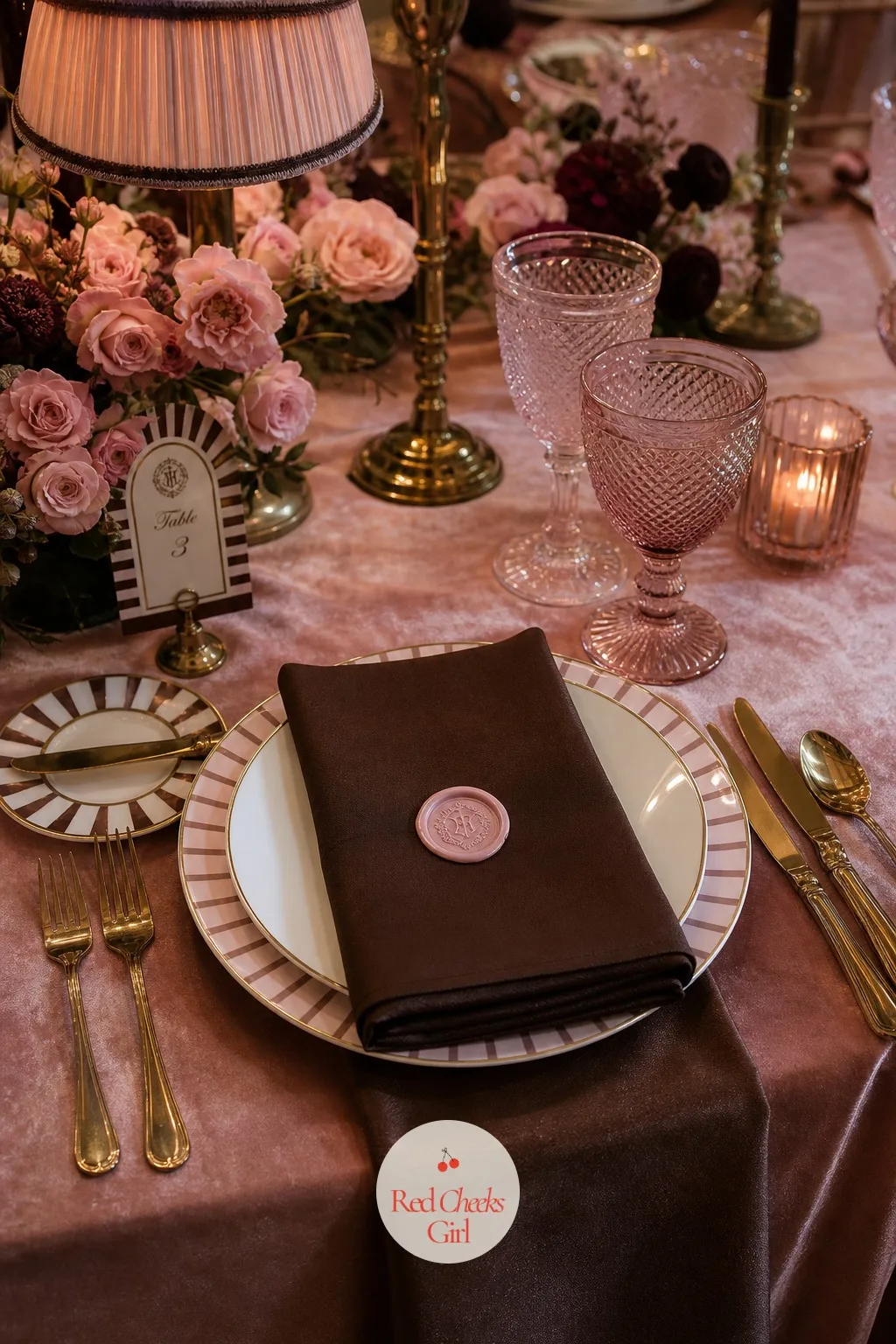 A Chocolate Napkin Folded Under A Pink Wax Seal — Underneath the cutlery, a chocolate brown napkin holds a single blush wax seal or a small sprig tucked into