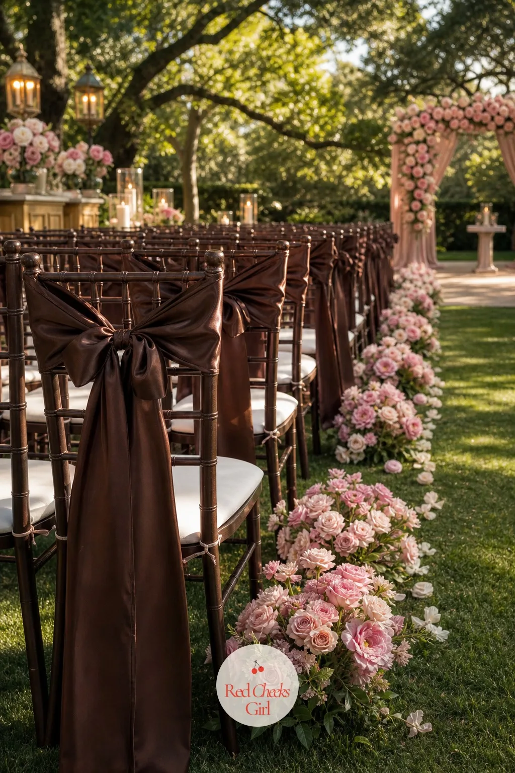 Chocolate Satin Bows Tied Onto Every Chair Back — Down both sides of the aisle or around the reception tables, each chair back wears one wide chocolate satin