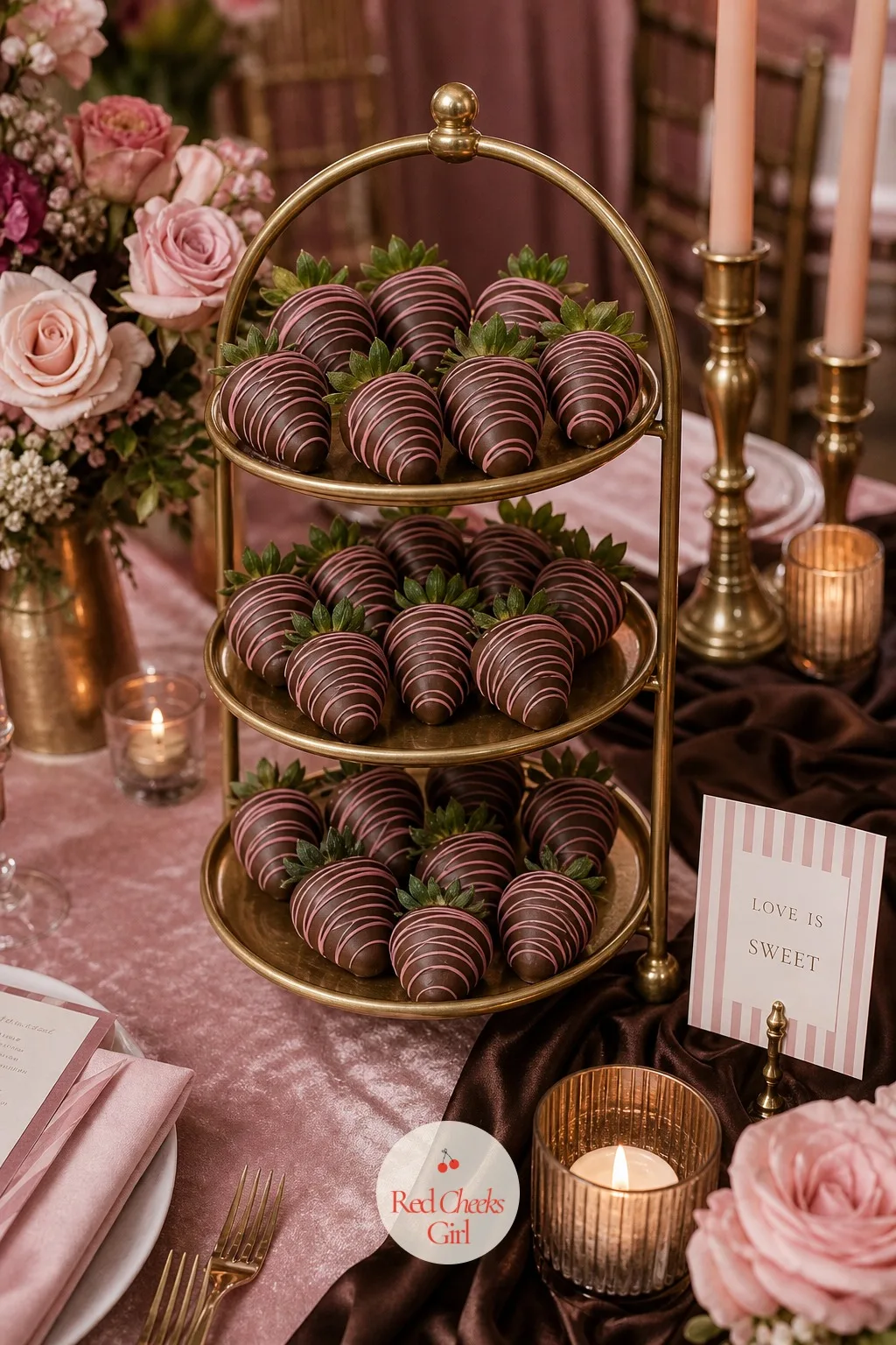 Chocolate-Dipped Strawberries On A Tiered Stand — Beside the candy table, a tiered stand holds strawberries dipped halfway in dark chocolate and drizzled with