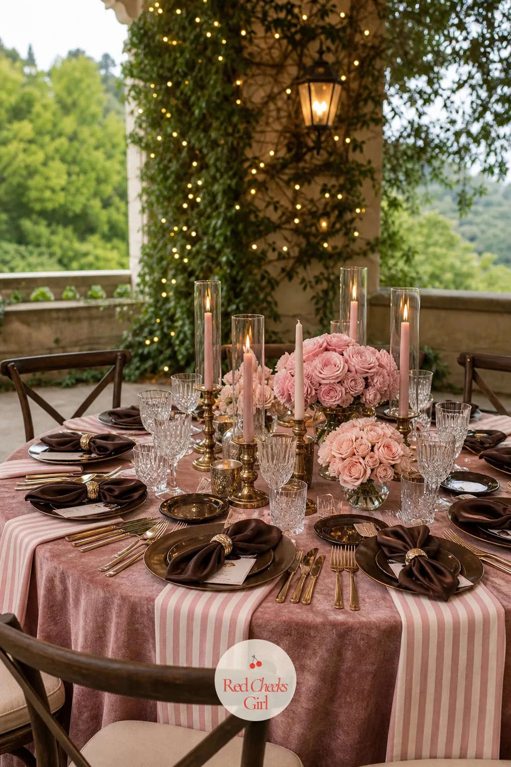 Groomsmen In Chocolate Brown With A Pink Boutonniere — Opposite the bridesmaids, the men wear the colours reversed: a chocolate brown suit, a thin brown knit