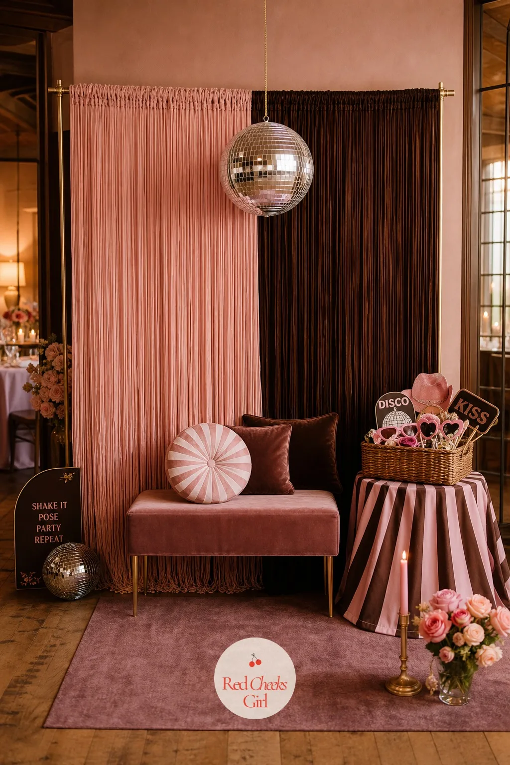 A Groovy Photo Corner Under The Mirror Ball — Away from dinner, one corner is dressed for photos alone: a fringe curtain backdrop in blush and brown, a small