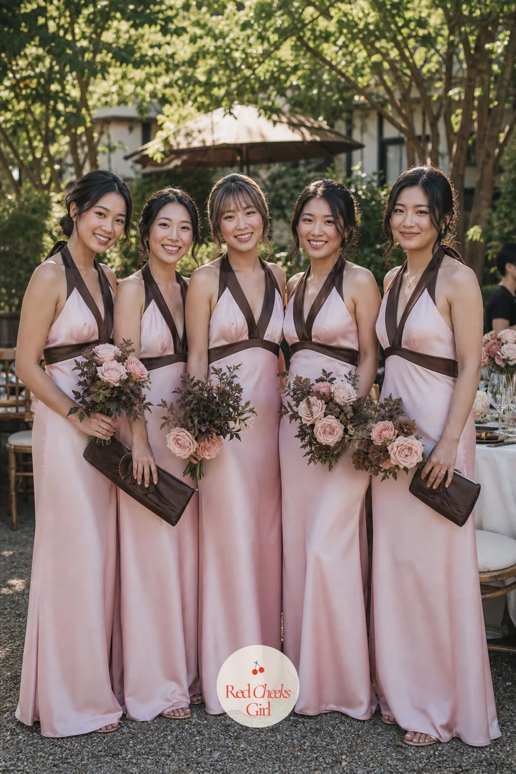 Pink Bridesmaid Dresses Finished In Chocolate Brown — Down the aisle, the dresses carry the palette on the body: blush satin or crepe, one shade allowed to
