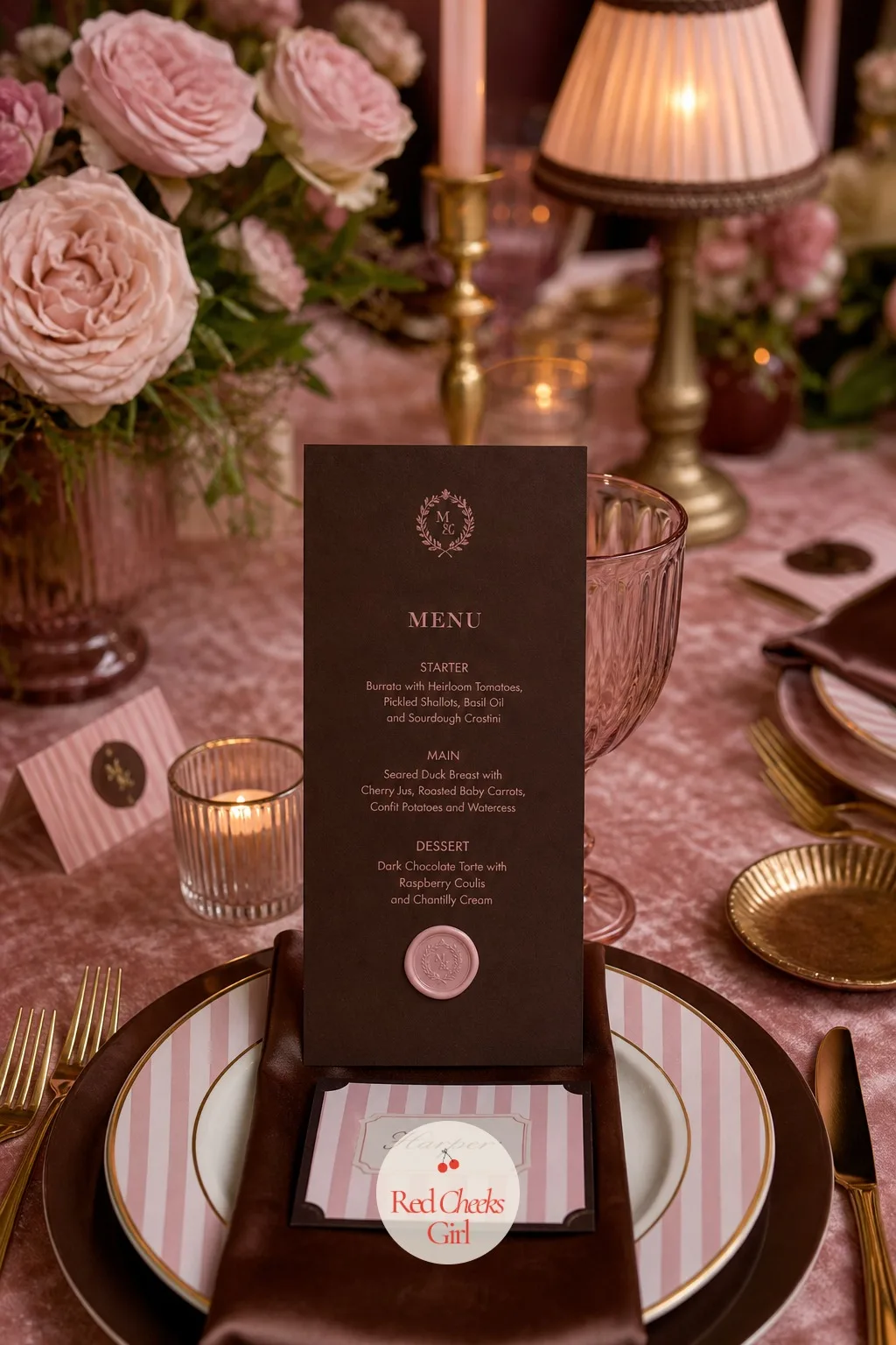 Pink And Brown Menus At Every Place — Standing against the glass or laid flat on the napkin, the menu card carries the same two colours in miniature: a