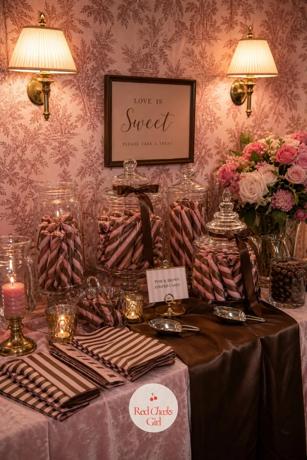 A Pink And Brown Striped Candy Bar — Along one wall, a run of apothecary jars holds candy sorted by colour, pink rock candy next to chocolate malt balls next