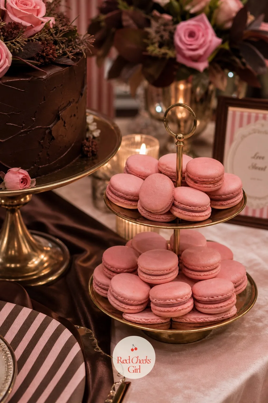 Pink Macarons Stacked Beside The Cake — Filling out the dessert table, blush macaron shells sit stacked in a pyramid or spread across a gold tiered stand