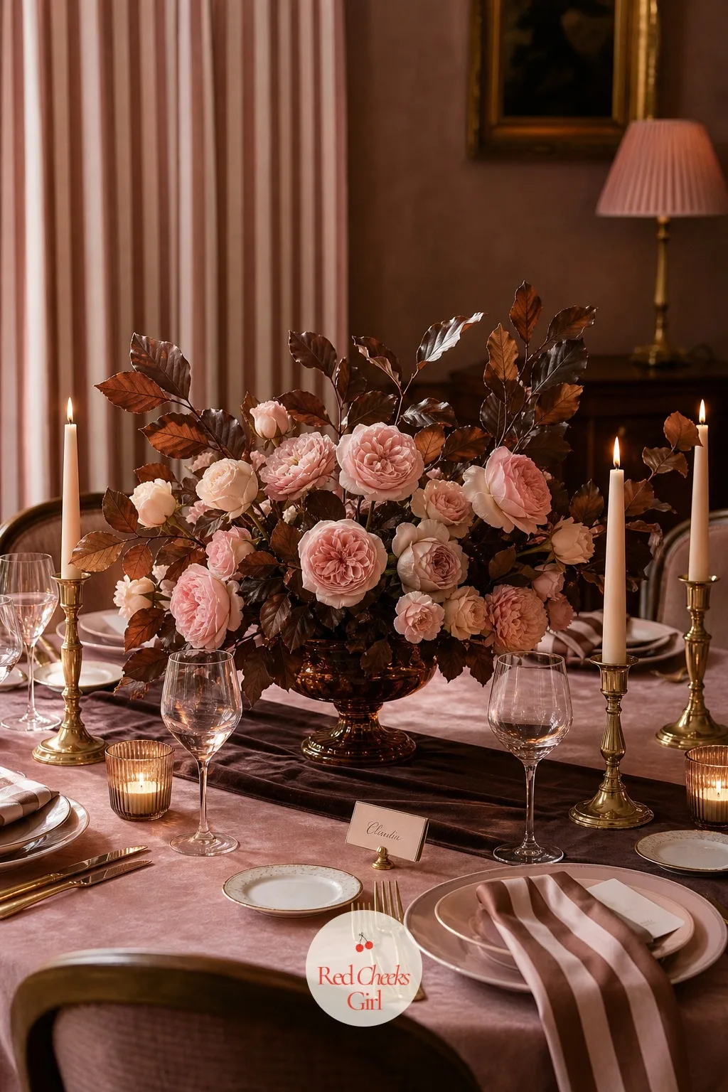 Pink Roses Standing In Brown Foliage, Not Green — On the table itself, the centrepiece swaps the expected green stem for something warmer: blush and dusty pink
