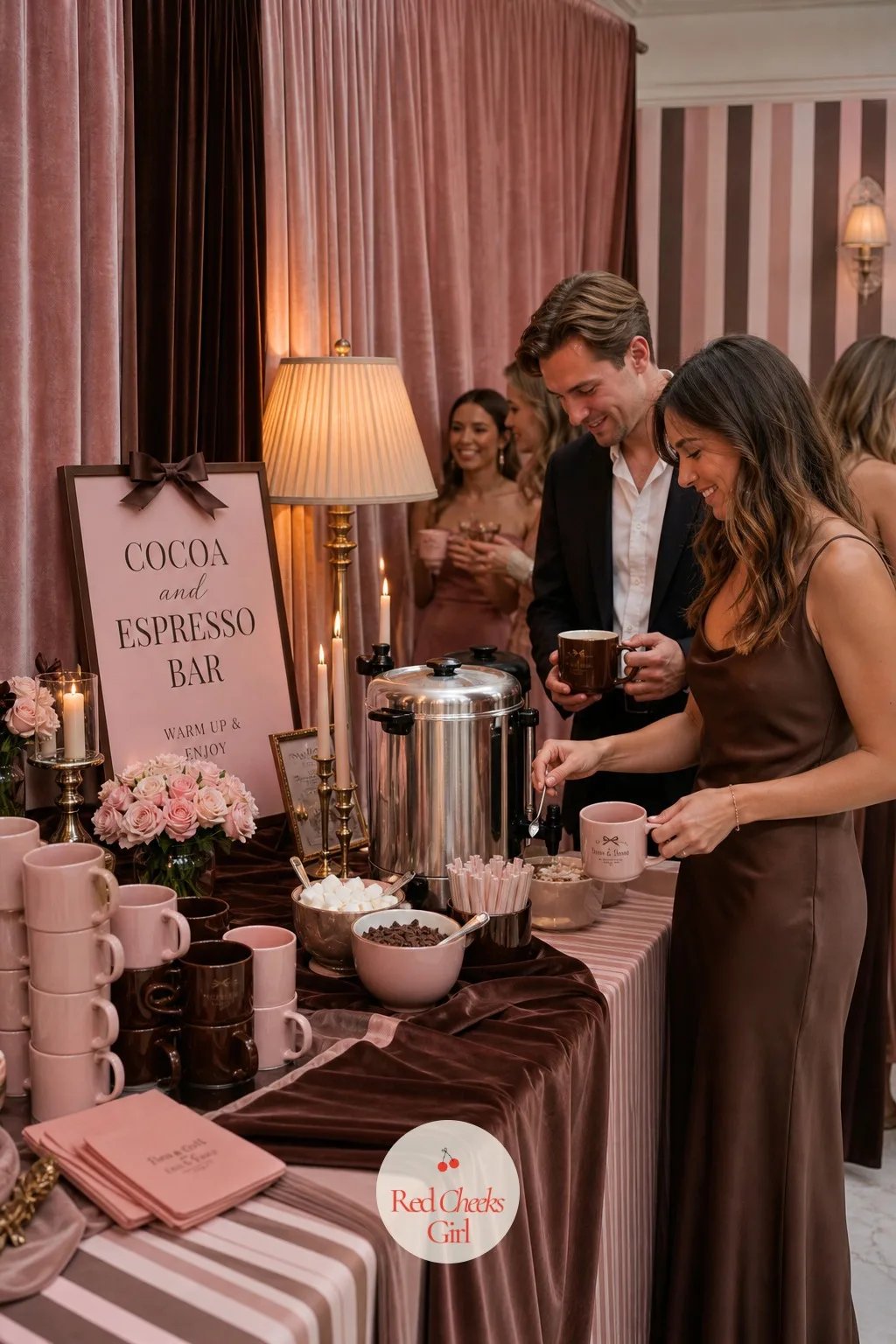A Self-Serve Cocoa And Espresso Bar — Near the dessert table for the later evening, a small station holds a hot cocoa urn and an espresso flask side by side