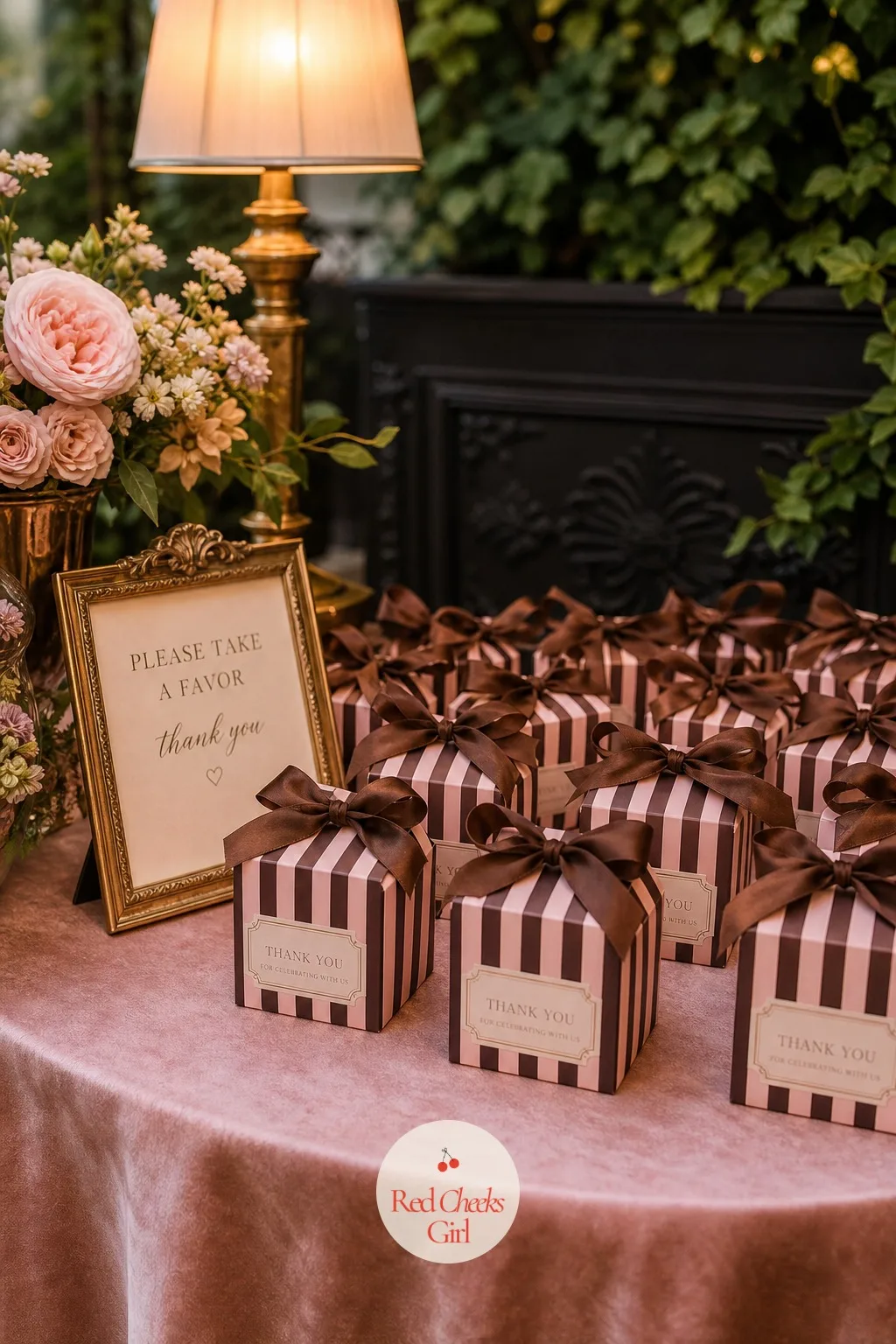 A Striped Favor Box Tied With Brown Ribbon — Grouped near the door, a small box in alternating pink and brown stripes holds the favor inside, tied shut with a